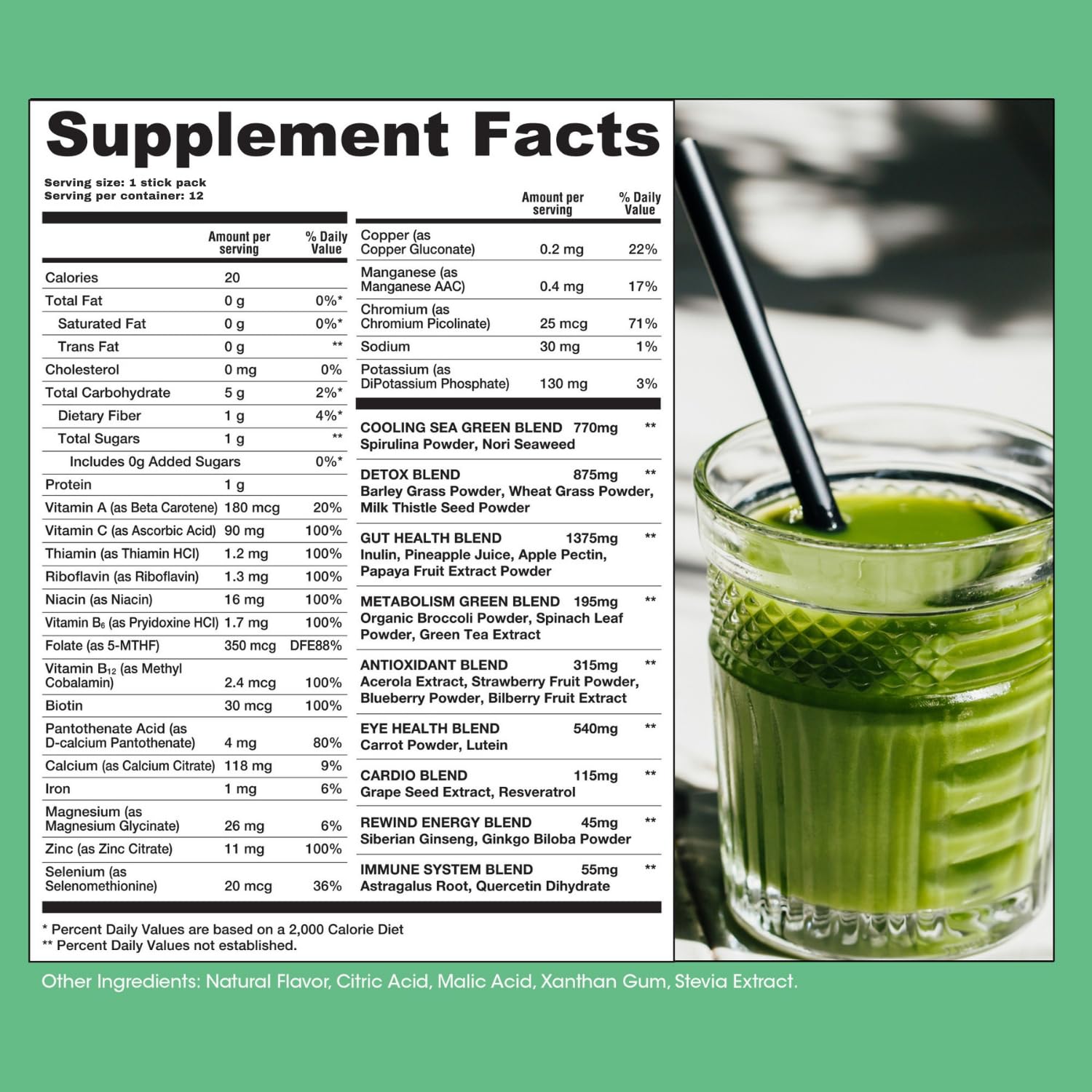 Rewind Daily Greens Superfood Powder sachets opened with powder visible