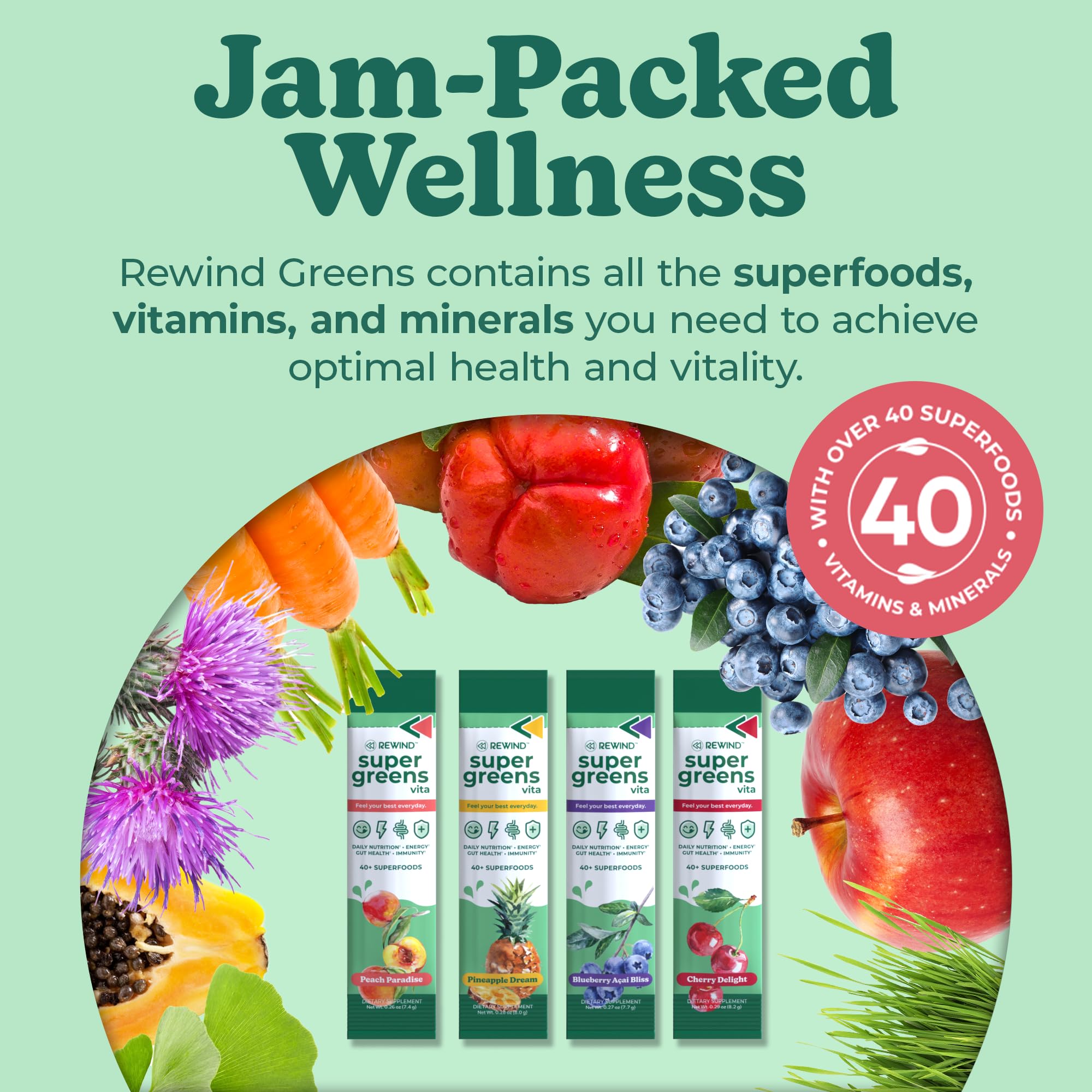 Rewind Daily Greens Superfood Powder sachets packaging