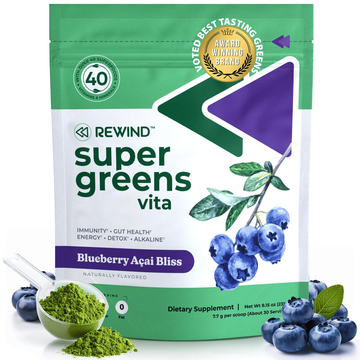 Rewind Super Greens Powder 215g front view with packaging