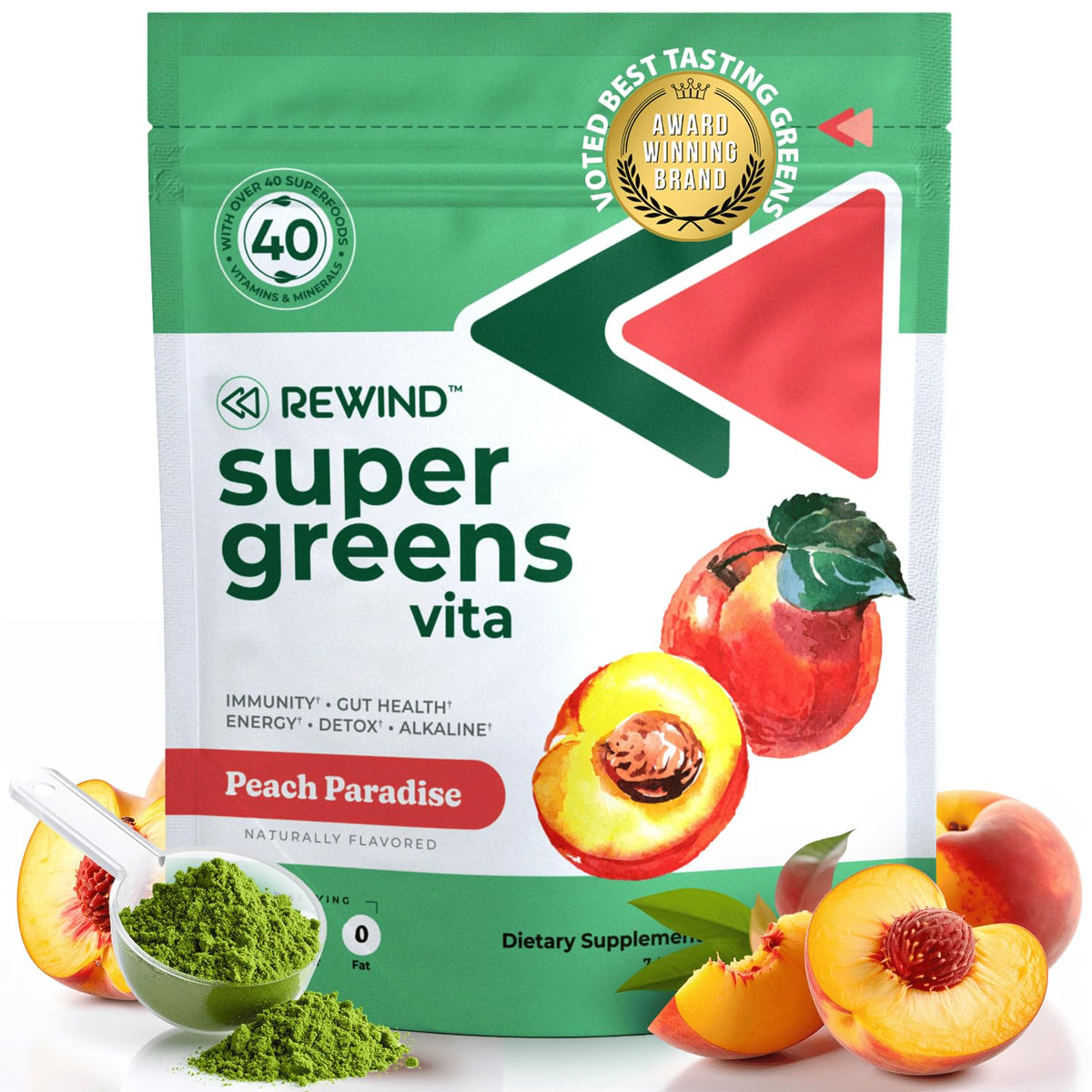 Rewind Super Greens Powder 215g front view with packaging