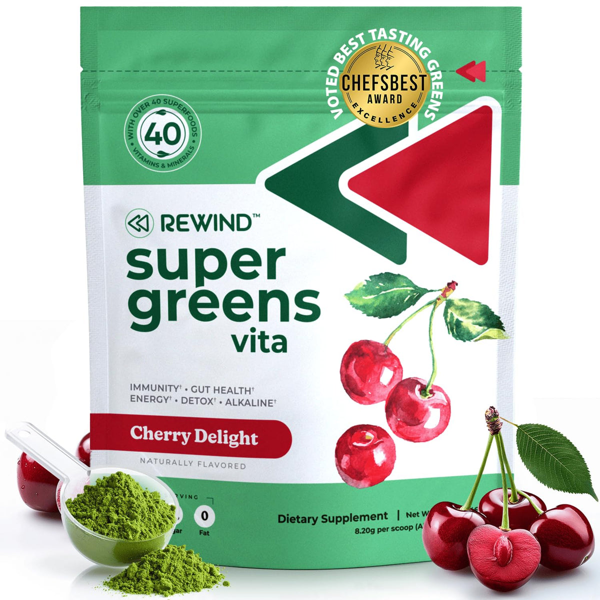 Rewind Super Greens Powder 215g front view with packaging