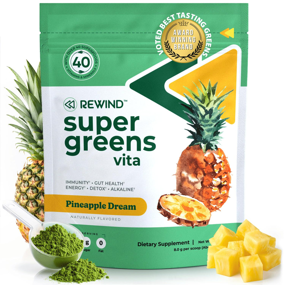 Rewind Super Greens Powder front view packaging