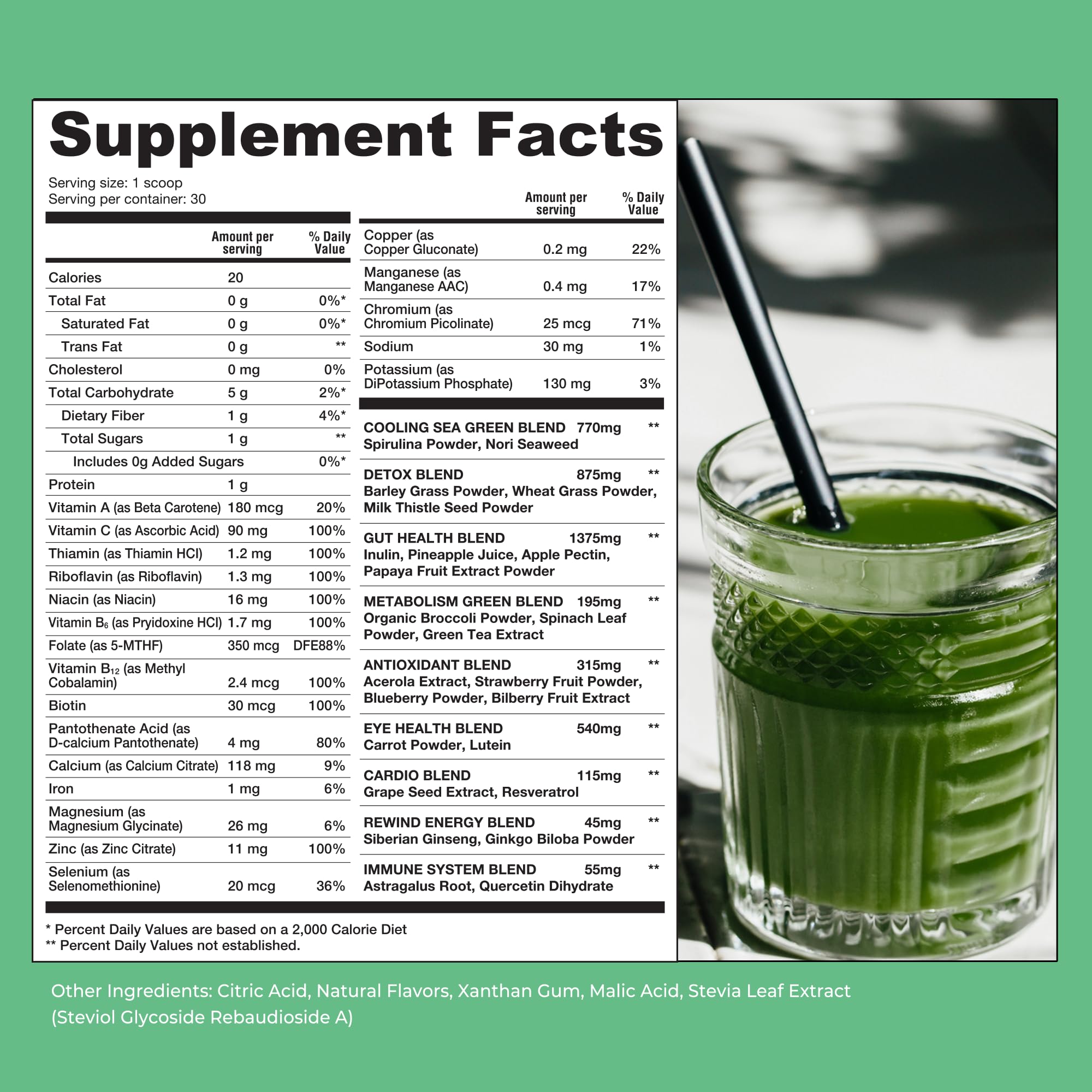 Rewind Super Greens Powder scoop showing green powder