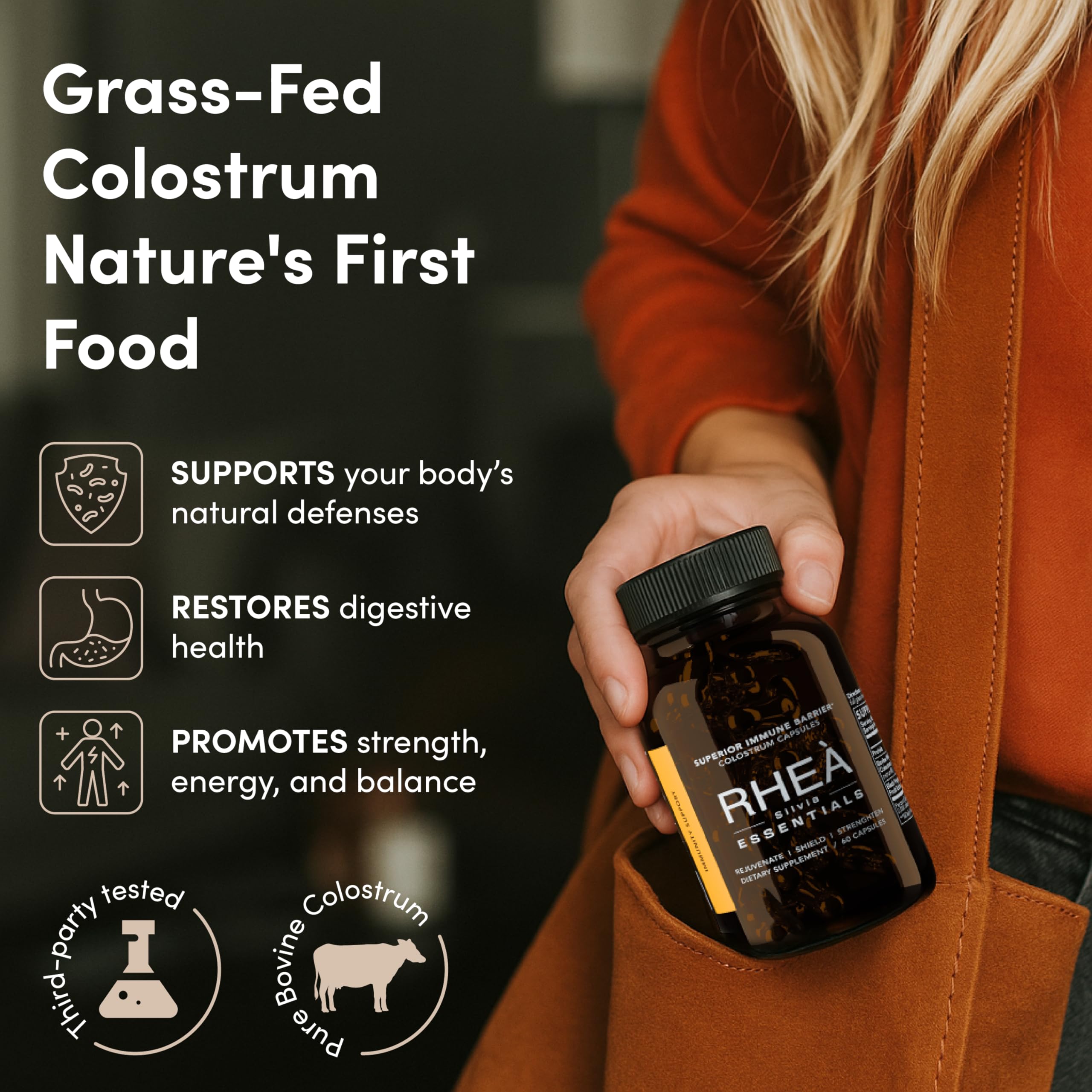 RHEASILVIA Colostrum Capsules bottle side view