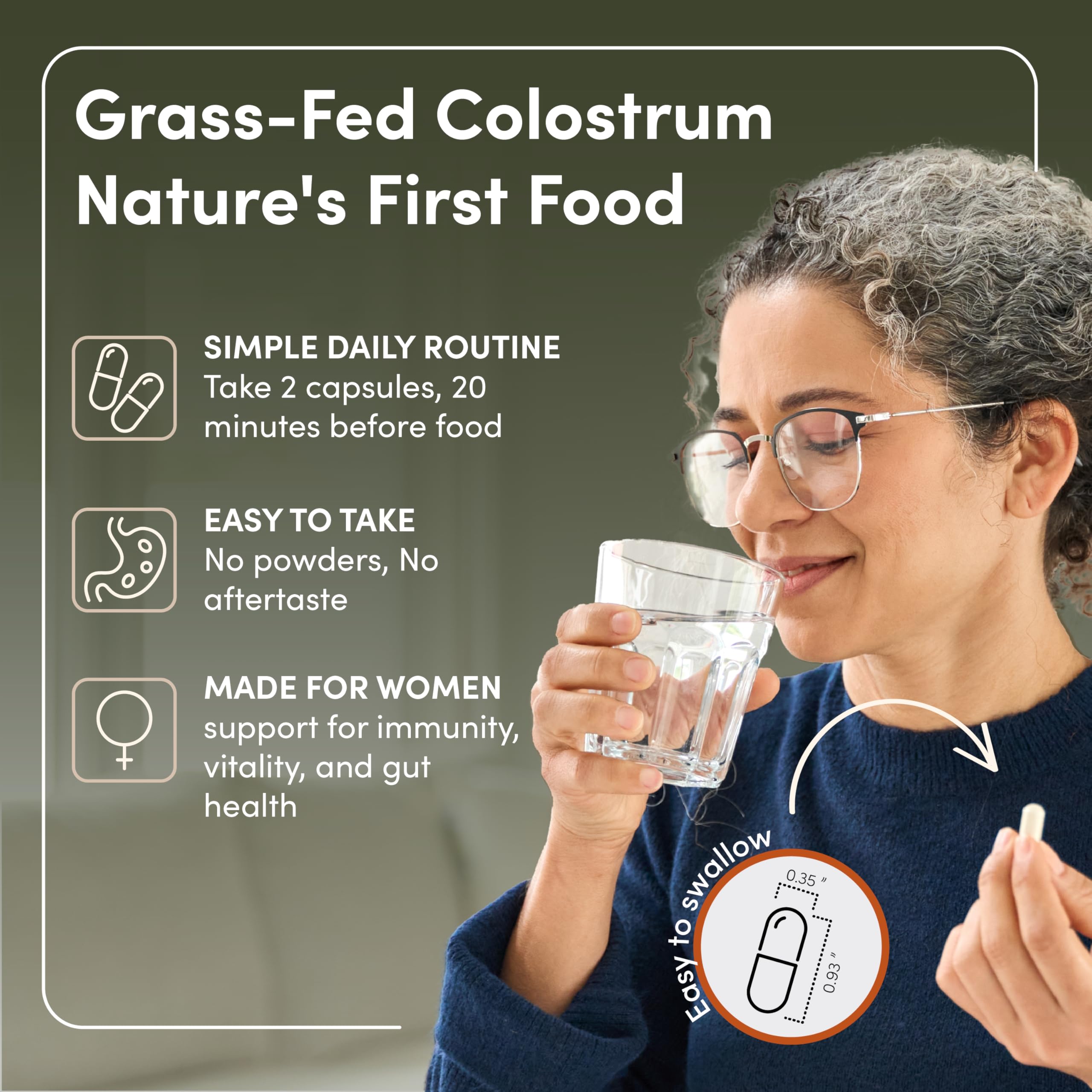 RHEASILVIA Colostrum Capsules with a glass of water