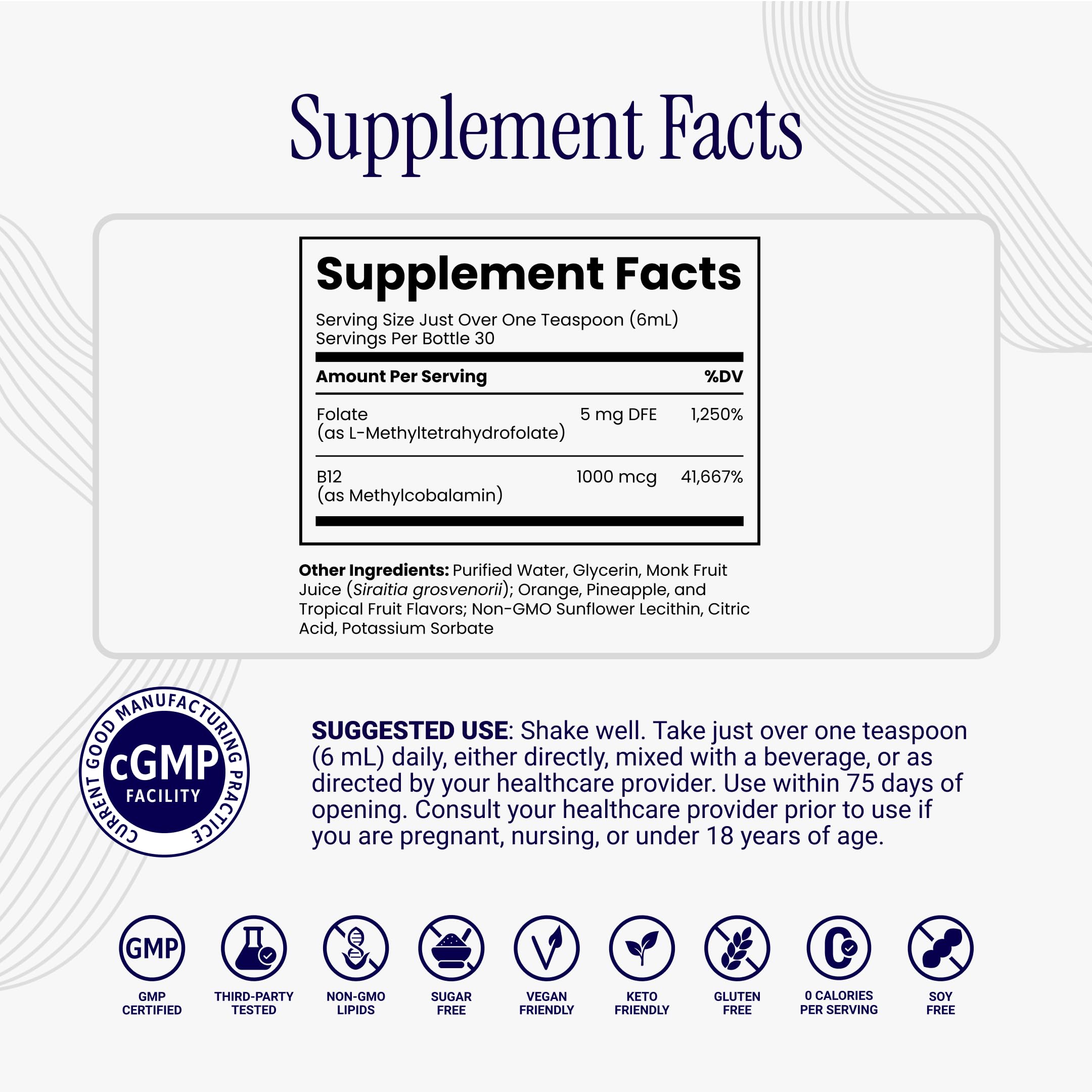 Rho Nutrition B-Complex Liquid Supplement side view with dosage information