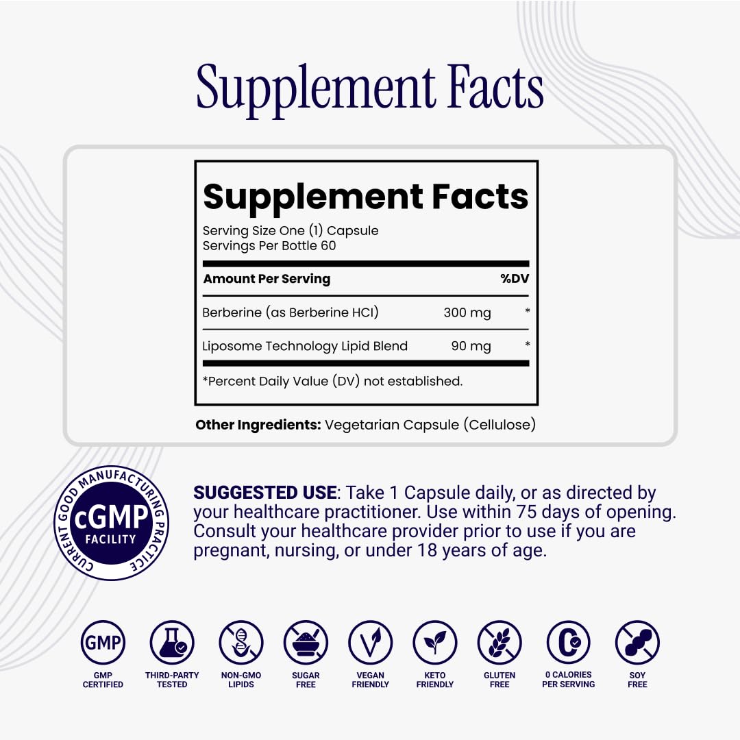 Rho Nutrition Liposomal Berberine Capsules with dosage information