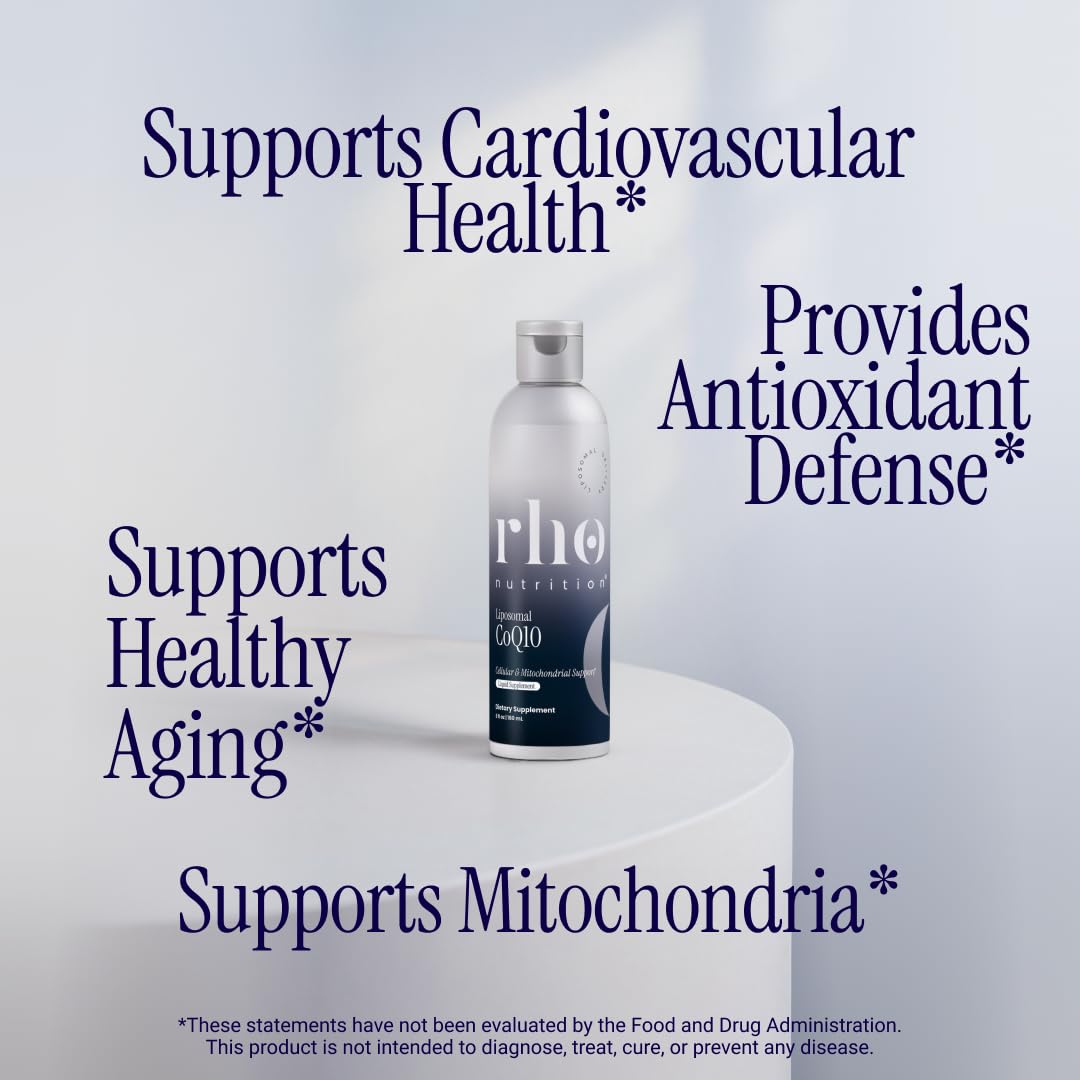 Rho Nutrition Liposomal CoQ10 bottle side view showing nutritional information