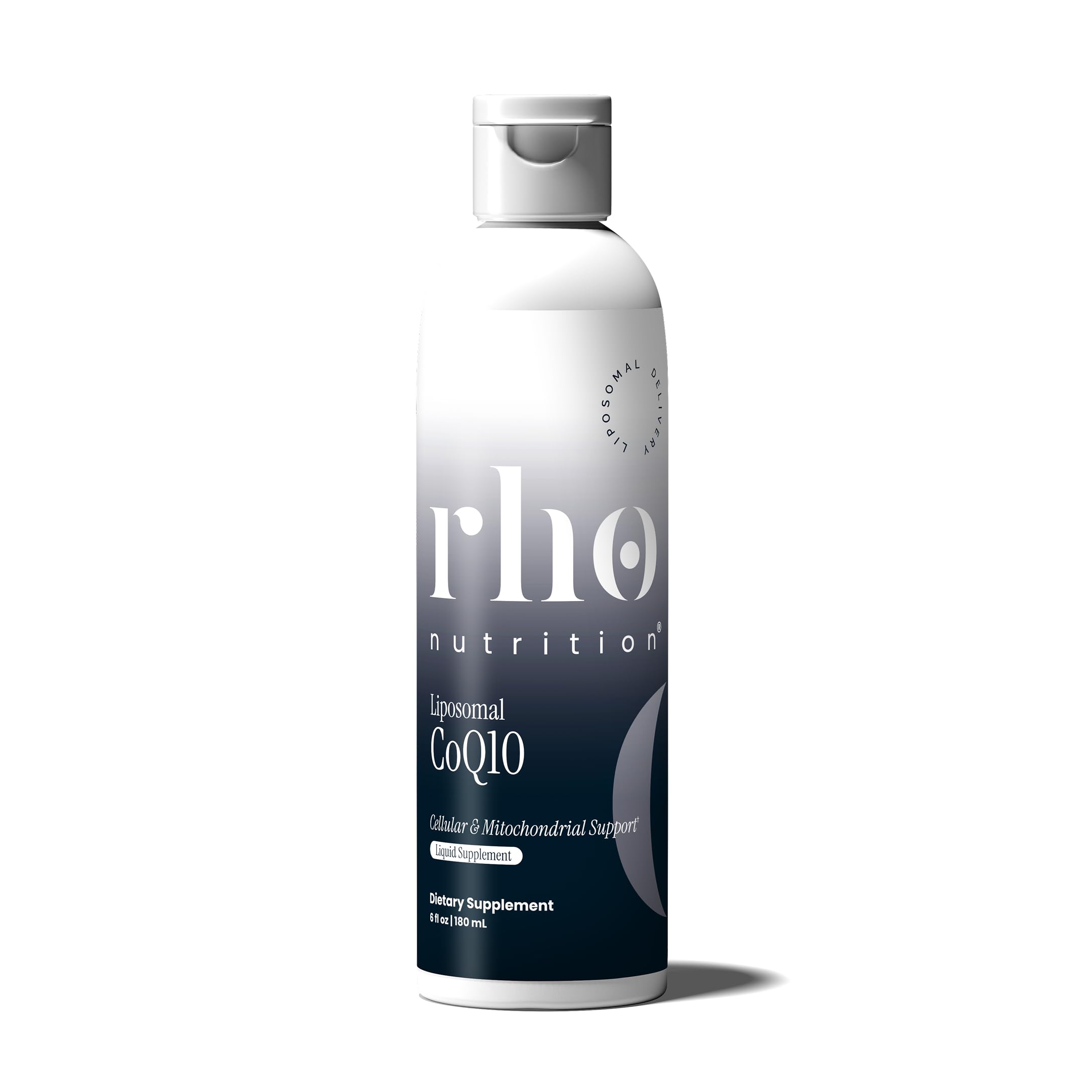Rho Nutrition Liposomal CoQ10 liquid supplement front view with orange label