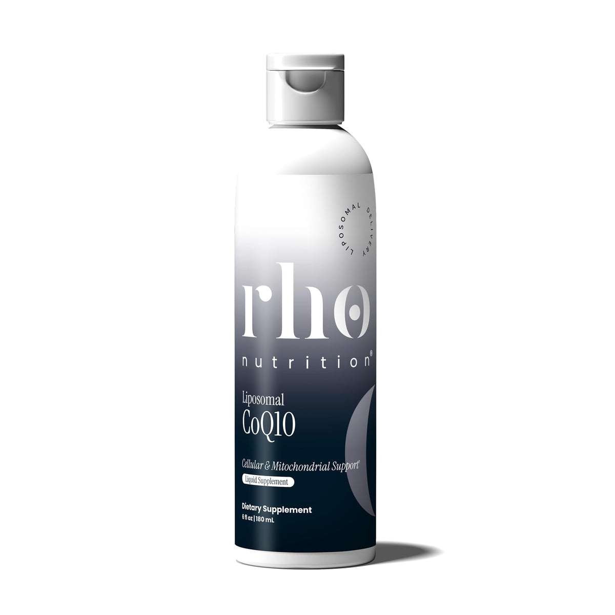 Rho Nutrition Liposomal CoQ10 liquid supplement front view with orange label