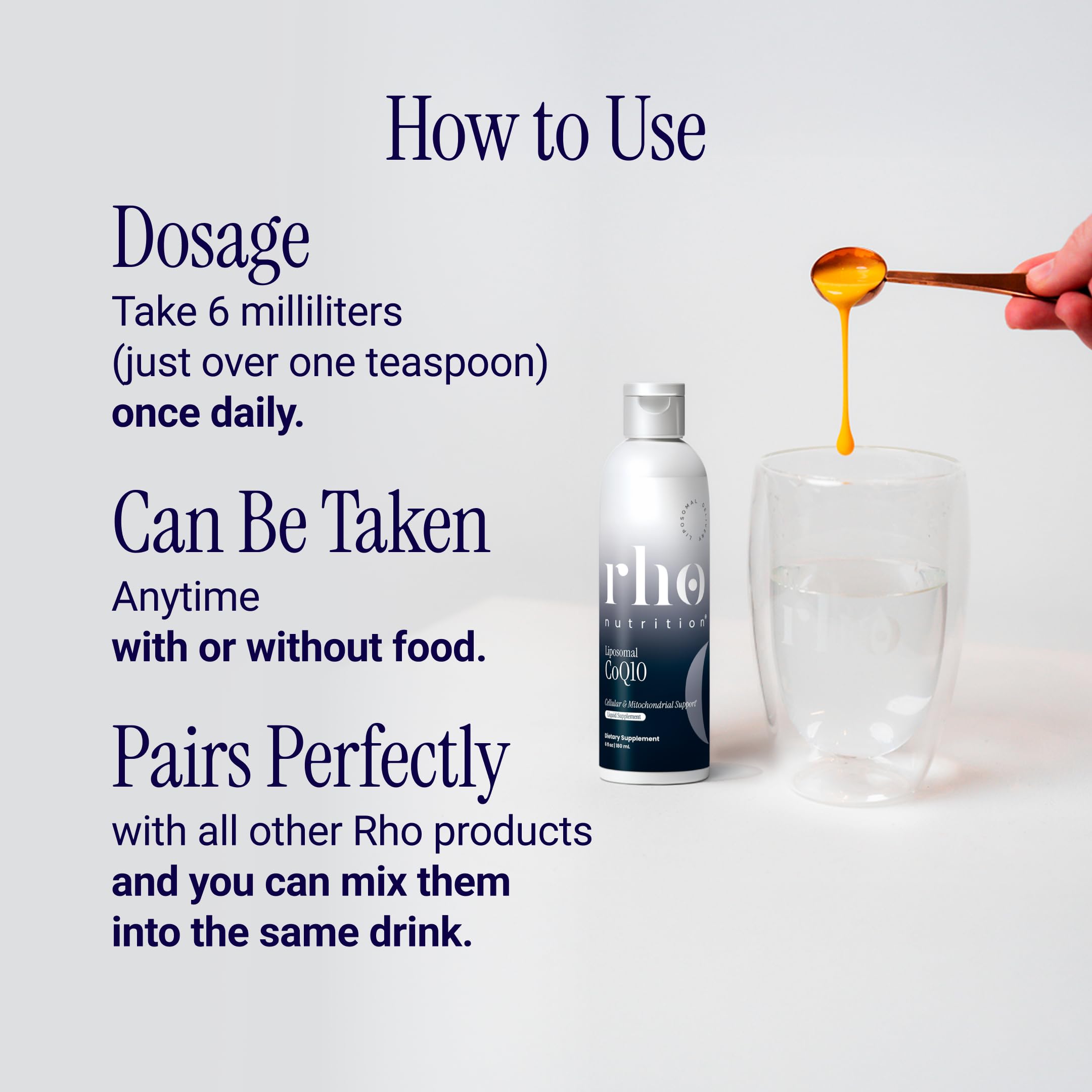 Rho Nutrition Liposomal CoQ10 liquid supplement with a smoothie