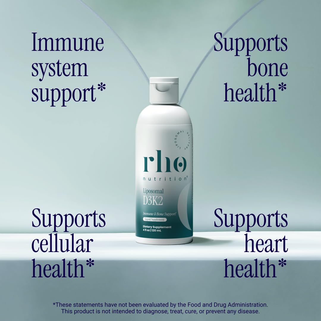 Rho Nutrition Liposomal D3K2 liquid supplement bottle side view