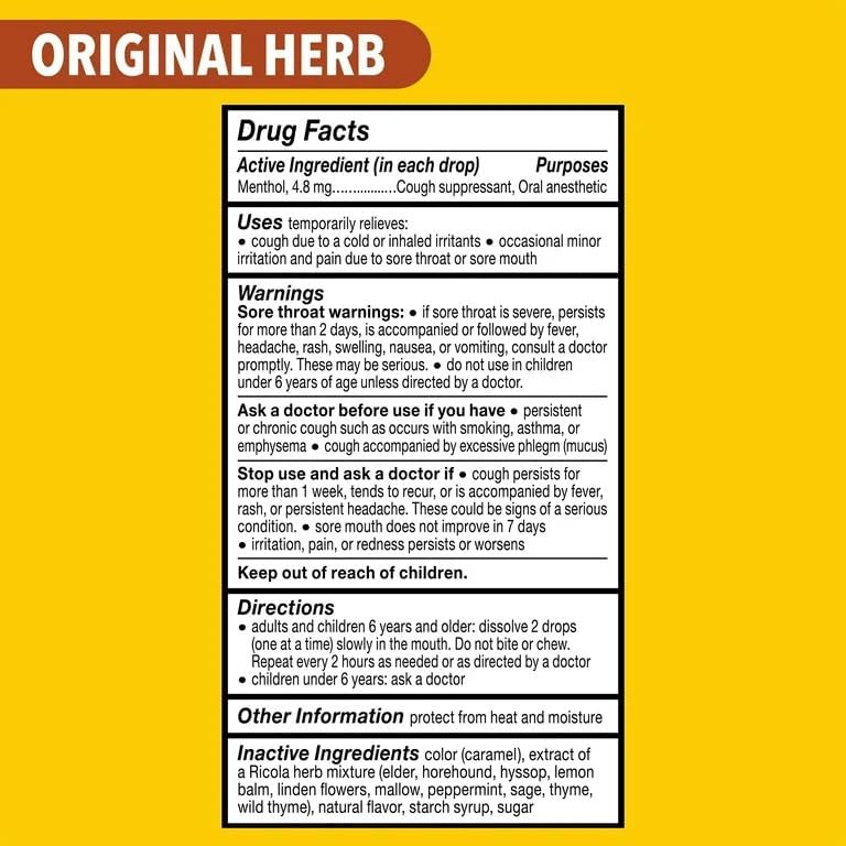 Ricola Sugar Free Herb Drops with Stevia nutritional information