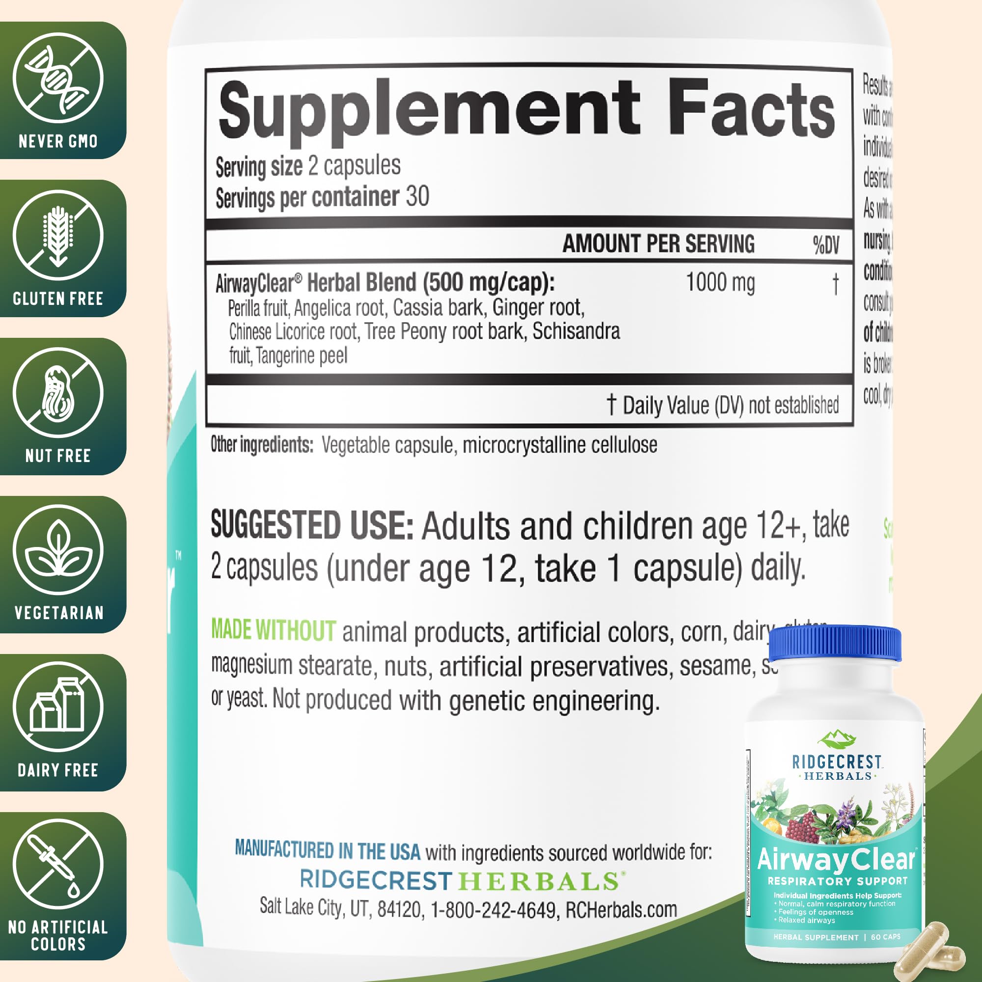 RidgeCrest Herbals AirwayClear Herbal Supplement back view