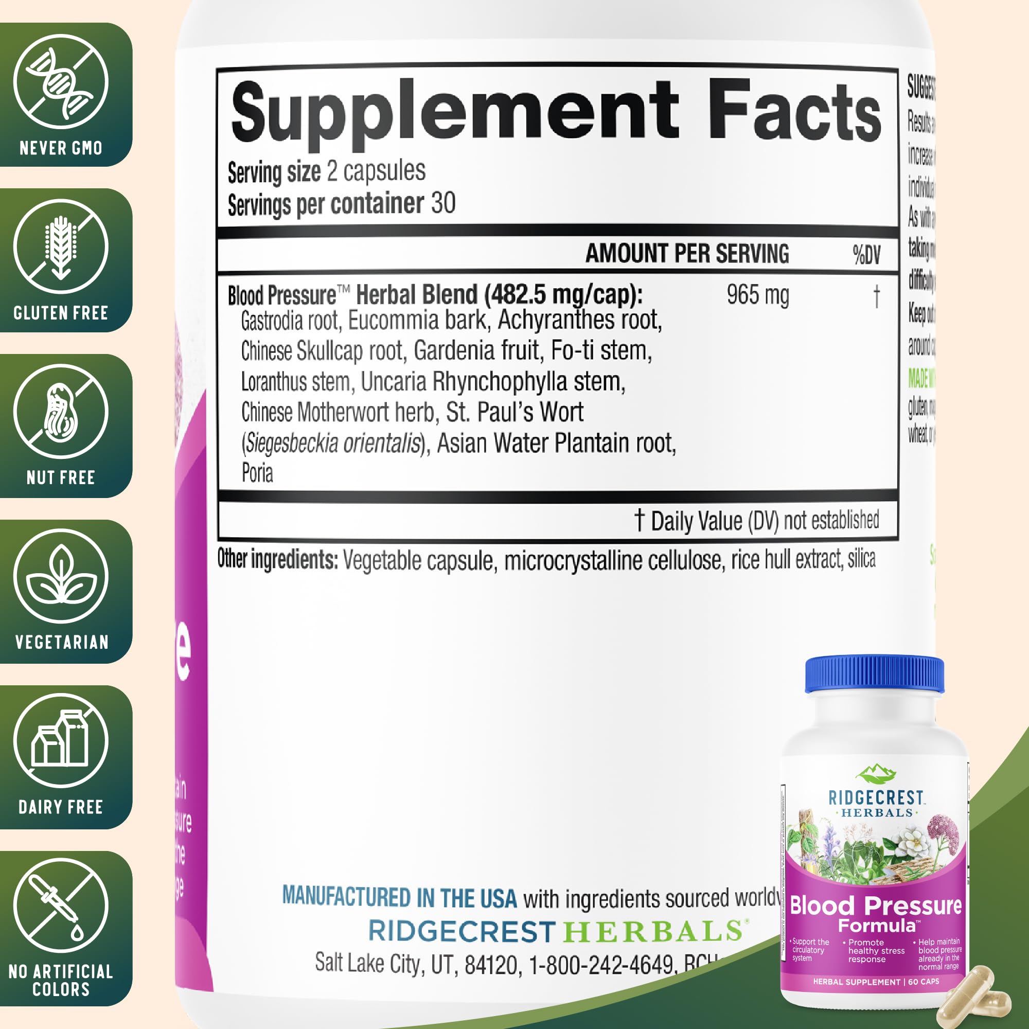 RidgeCrest Herbals Blood Pressure Formula 1000mg capsule close-up