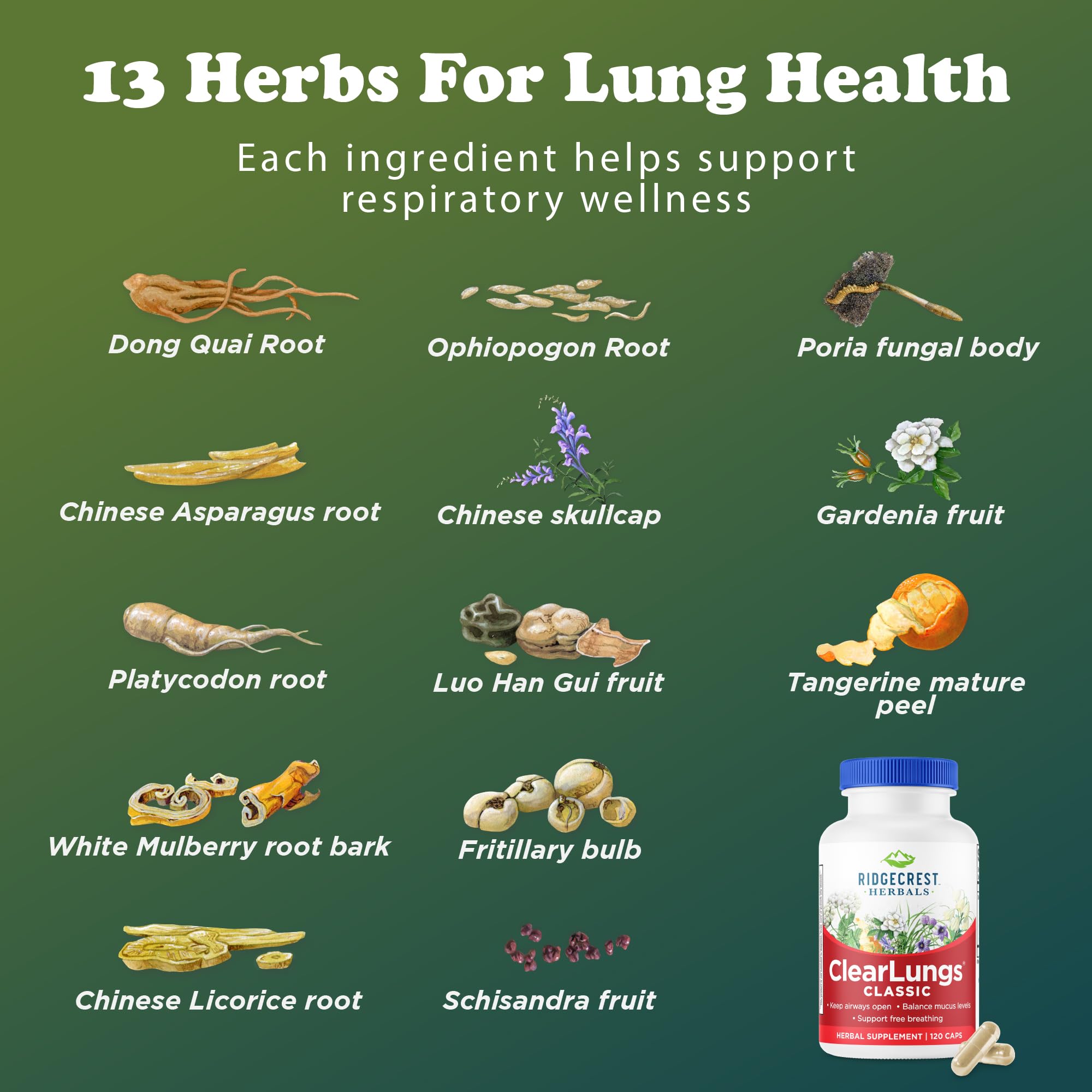RidgeCrest Herbals ClearLungs Classic 100g with herbal background