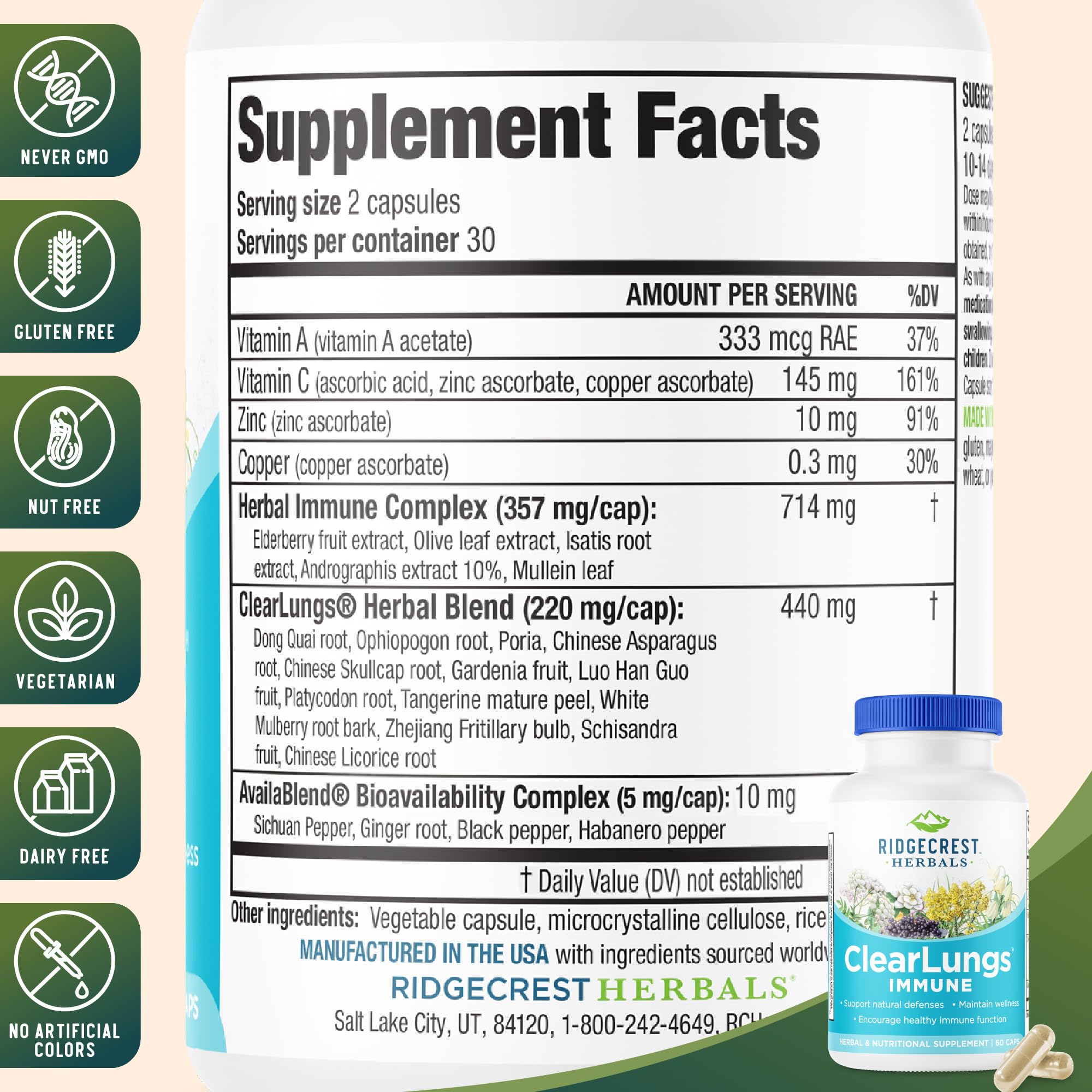 RidgeCrest Herbals ClearLungs daily wellness supplement ingredients list