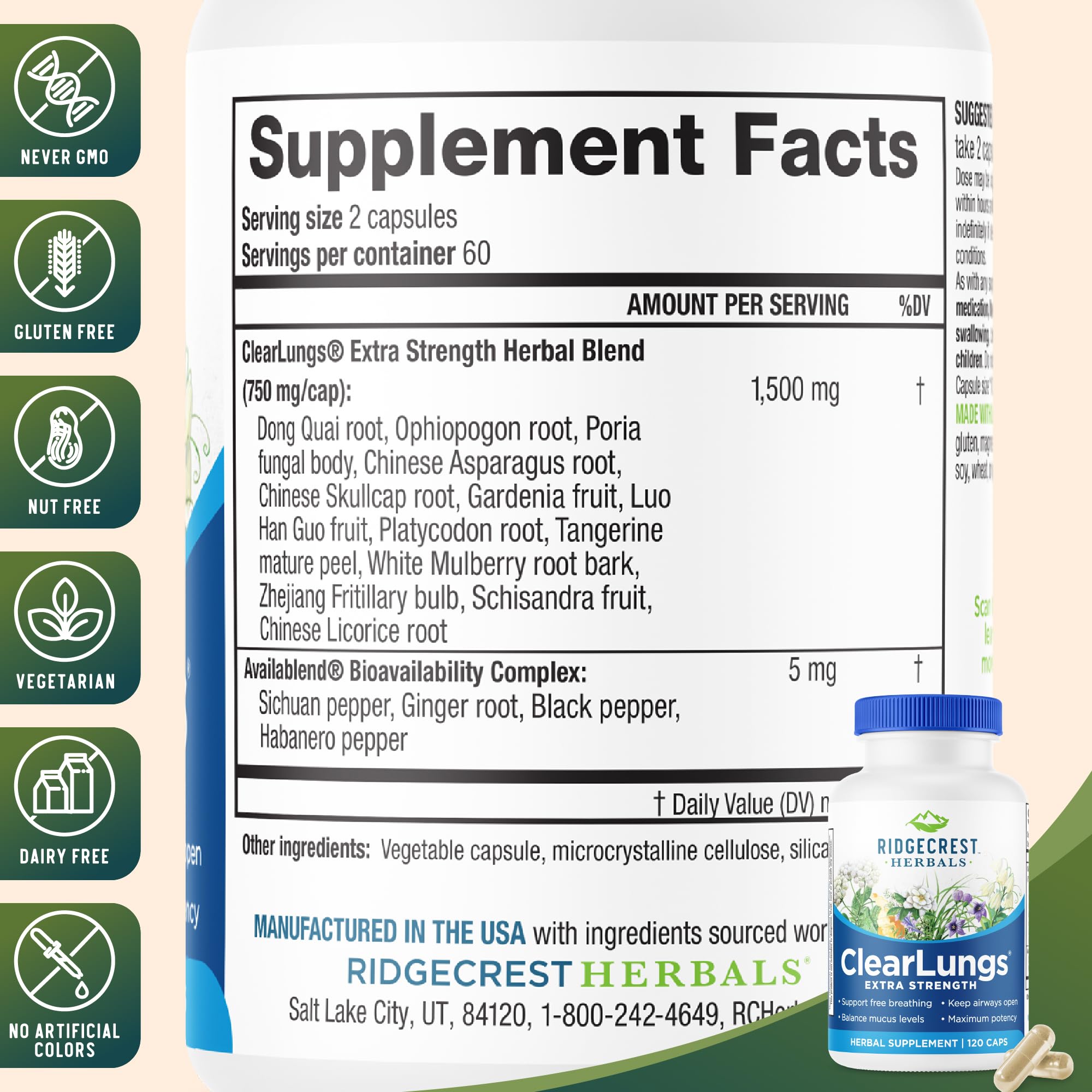 RidgeCrest Herbals ClearLungs Extra Strength 750mg capsules bottle with label