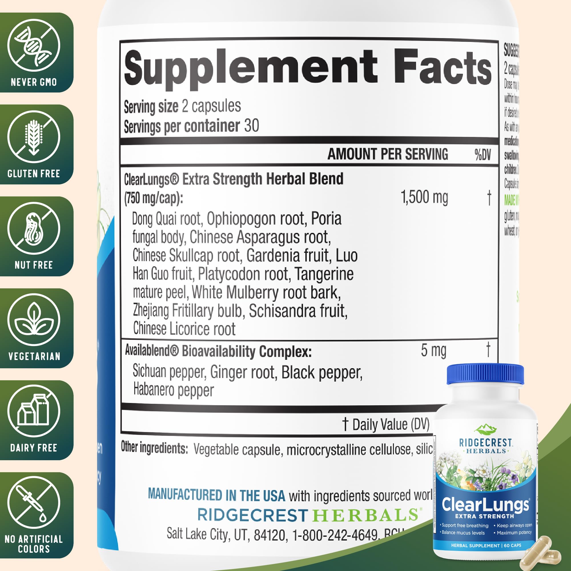 RidgeCrest Herbals ClearLungs Extra Strength capsules close-up