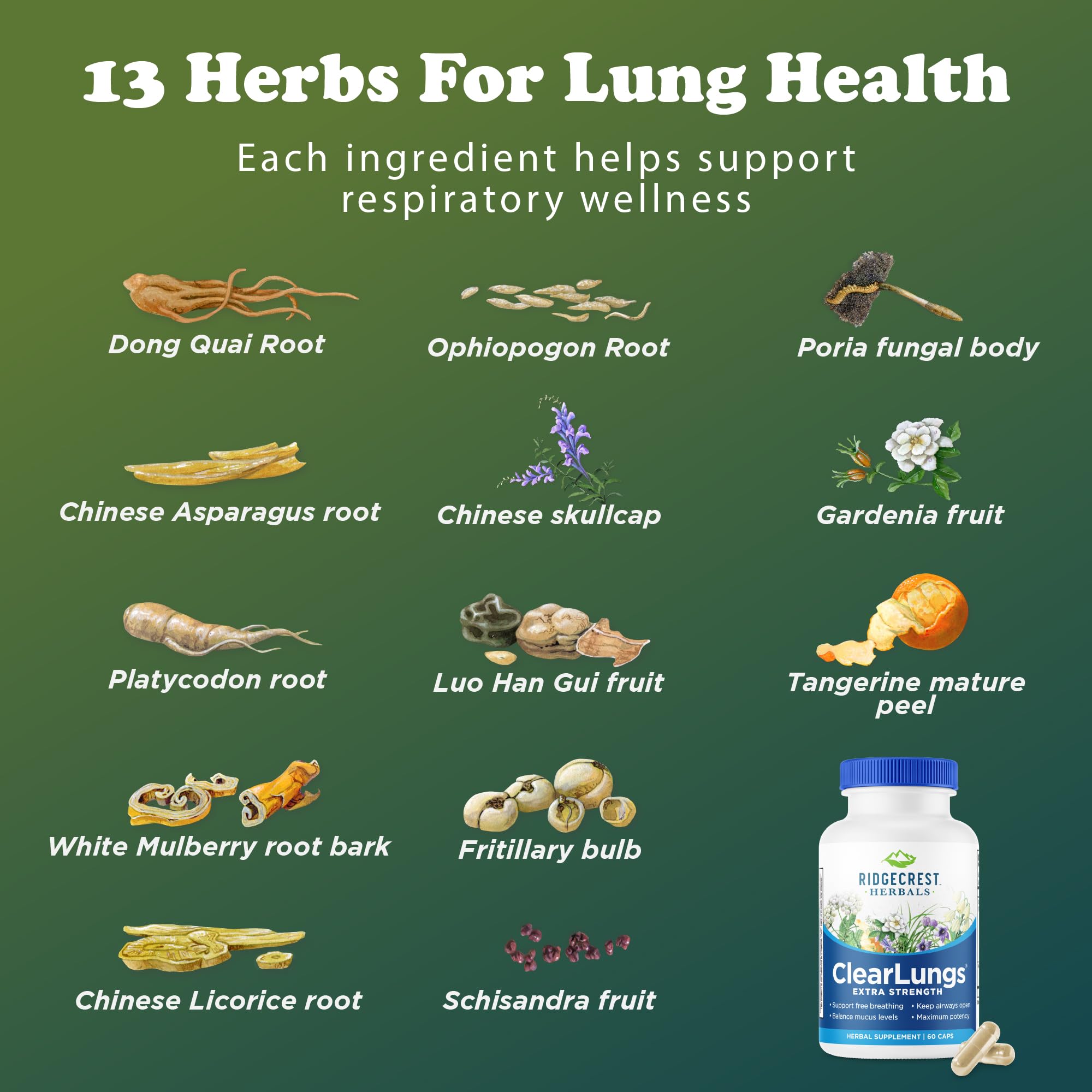 RidgeCrest Herbals ClearLungs Extra Strength herbal supplement on wooden table