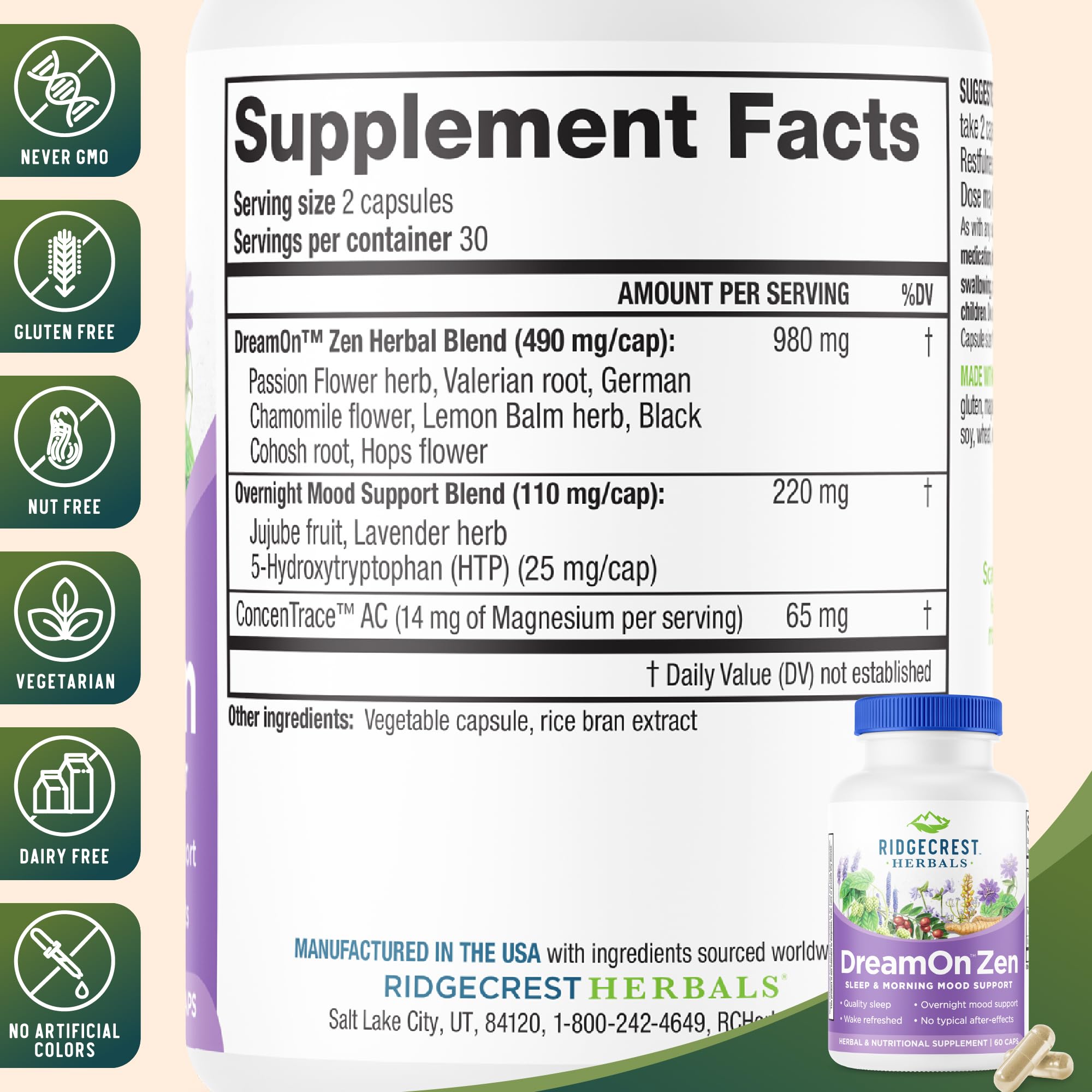 RidgeCrest Herbals DreamOn Zen Sleep Supplement side view