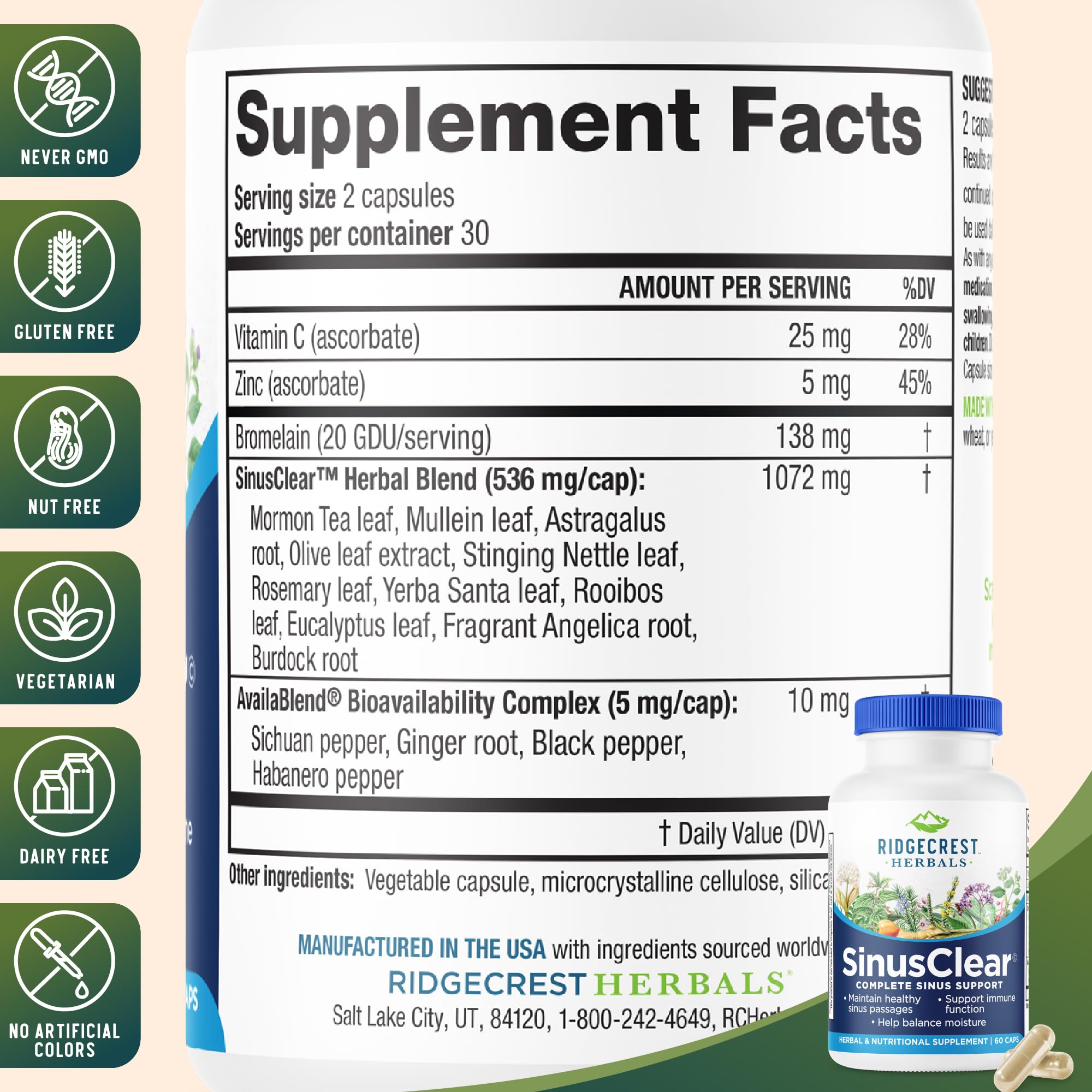 RidgeCrest Herbals SinusClear natural supplement capsule close-up