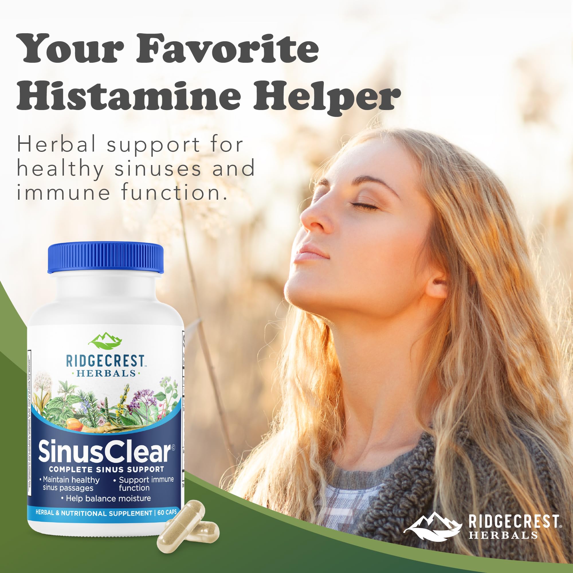 RidgeCrest Herbals SinusClear natural supplement with a glass of water