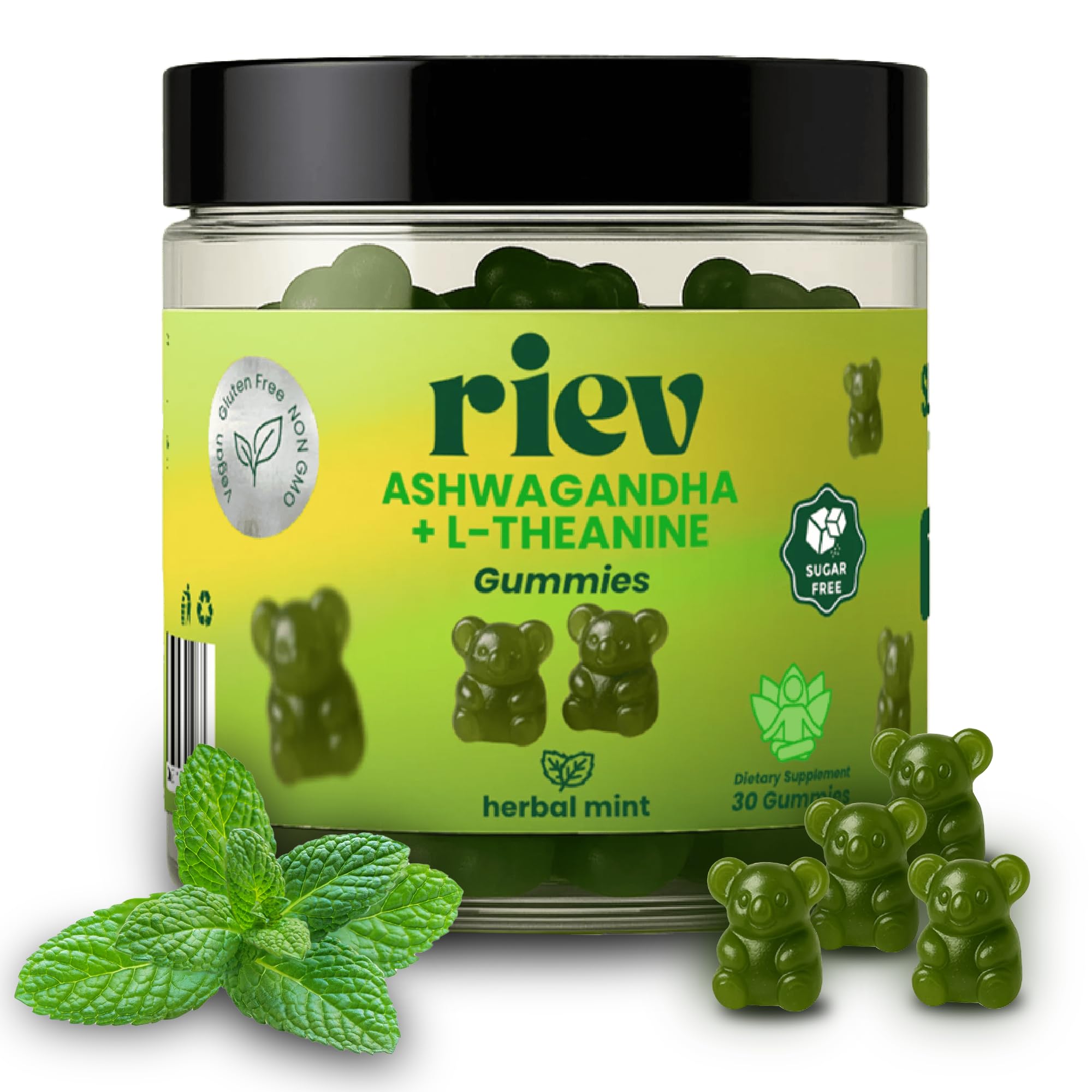 Riev Ashwagandha + L-Theanine Gummies front view with herbal mint flavour