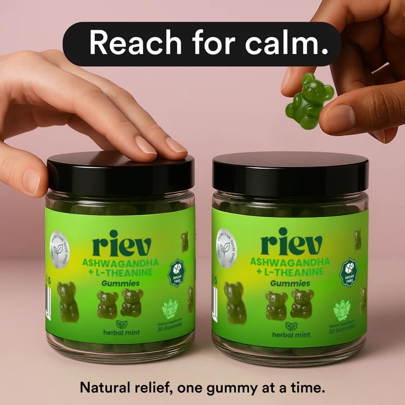 Riev Ashwagandha + L-Theanine Gummies in a hand for size reference