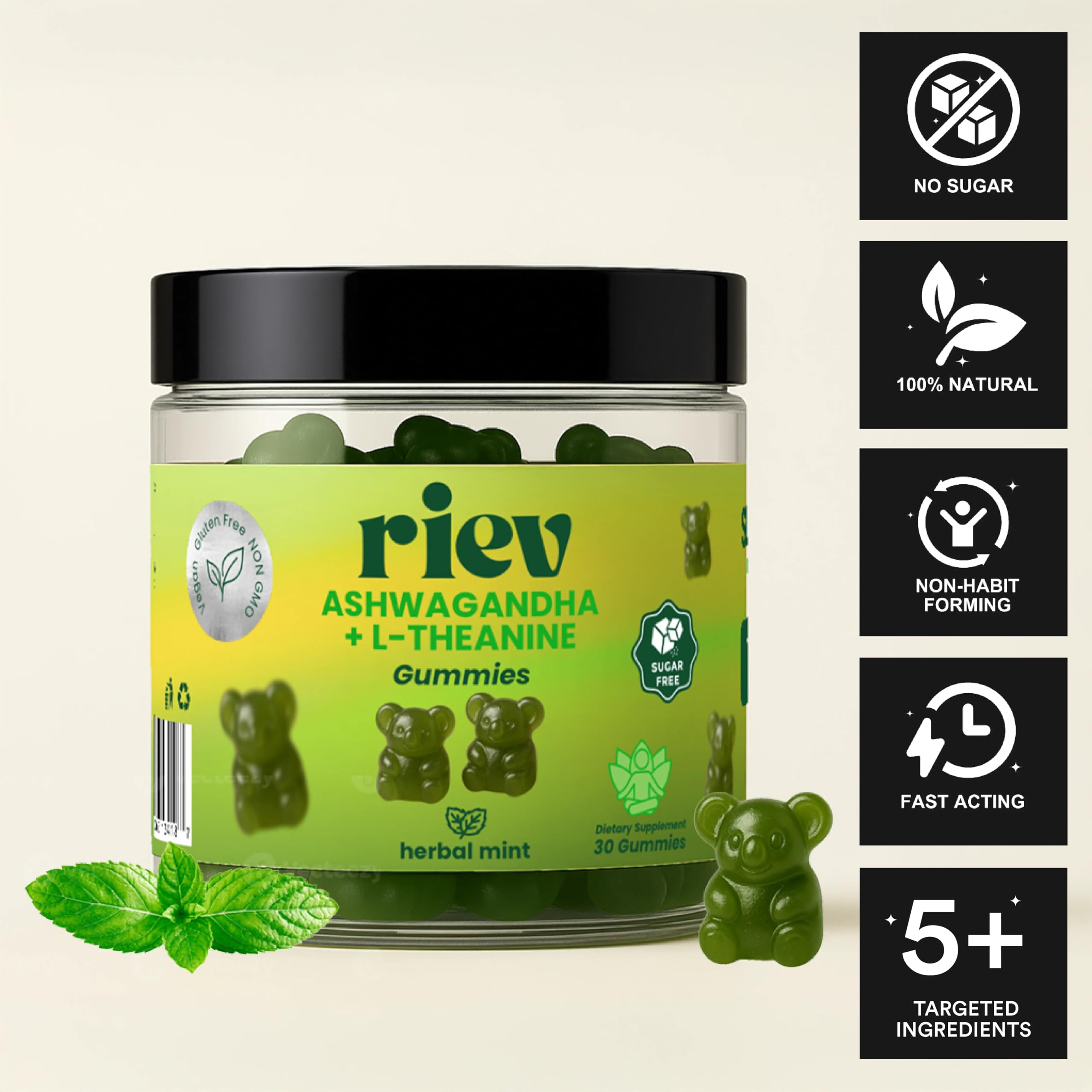 Riev Ashwagandha + L-Theanine Gummies packaging side view