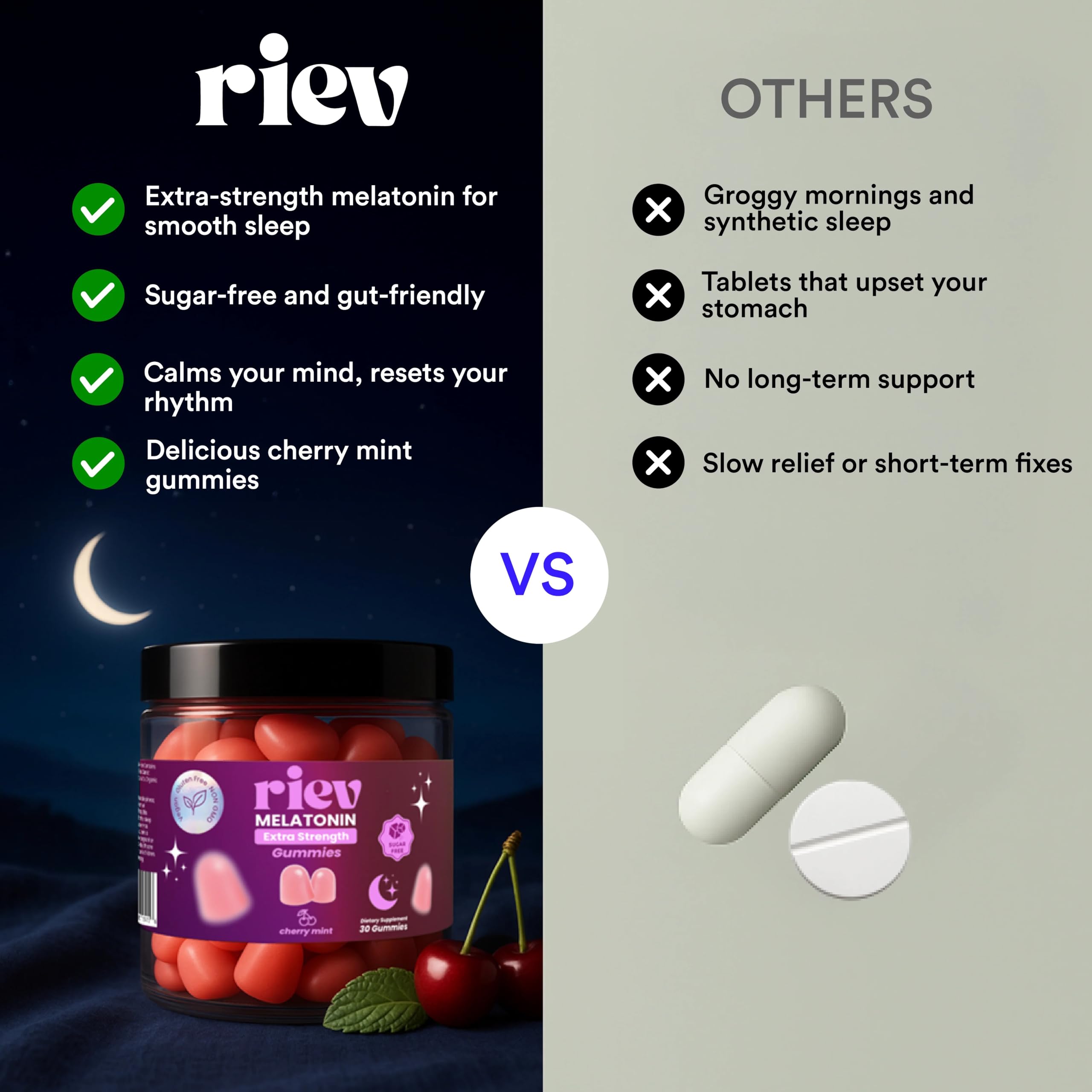 riev Extra Sleep Gummies dark red gummy close-up