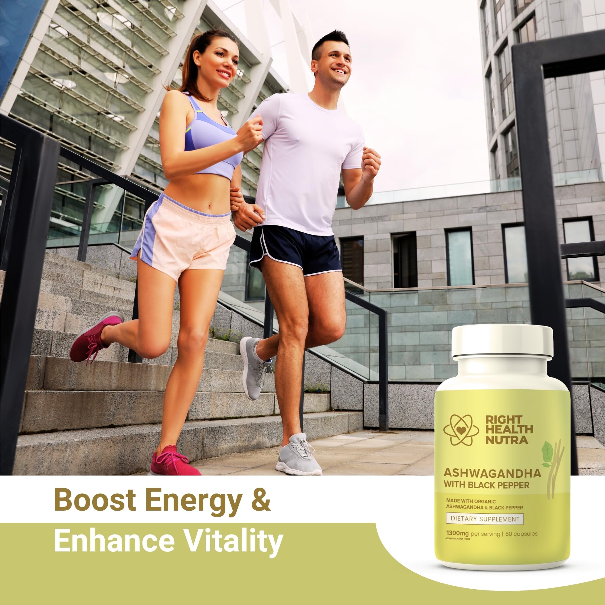 Right Health Nutra Ashwagandha capsules opened bottle with capsules