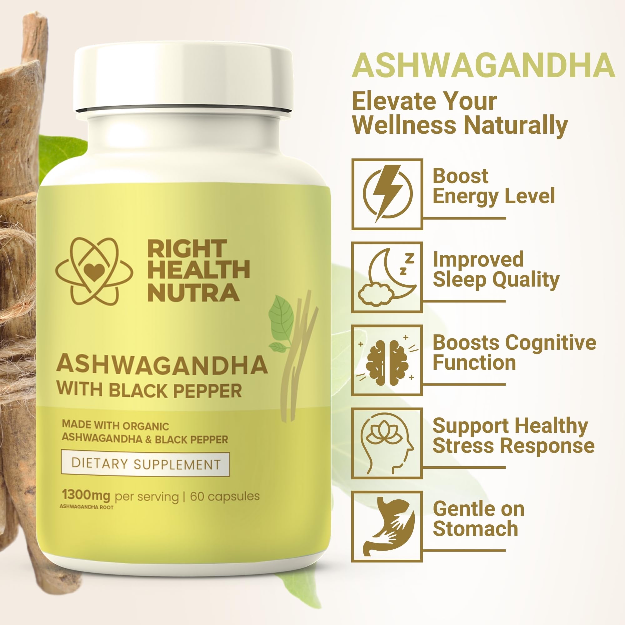 Right Health Nutra Ashwagandha capsules side view