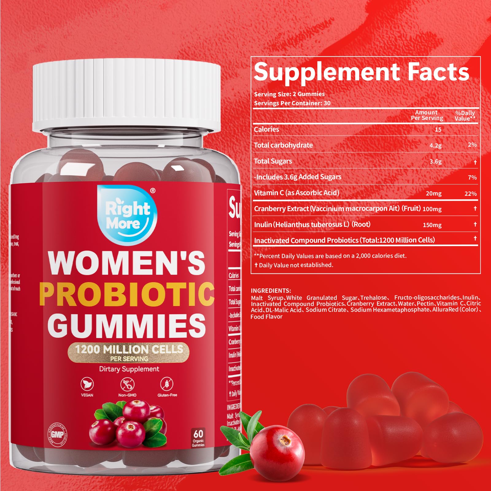 Right More Cranberry Probiotics Gummies with fresh cranberries
