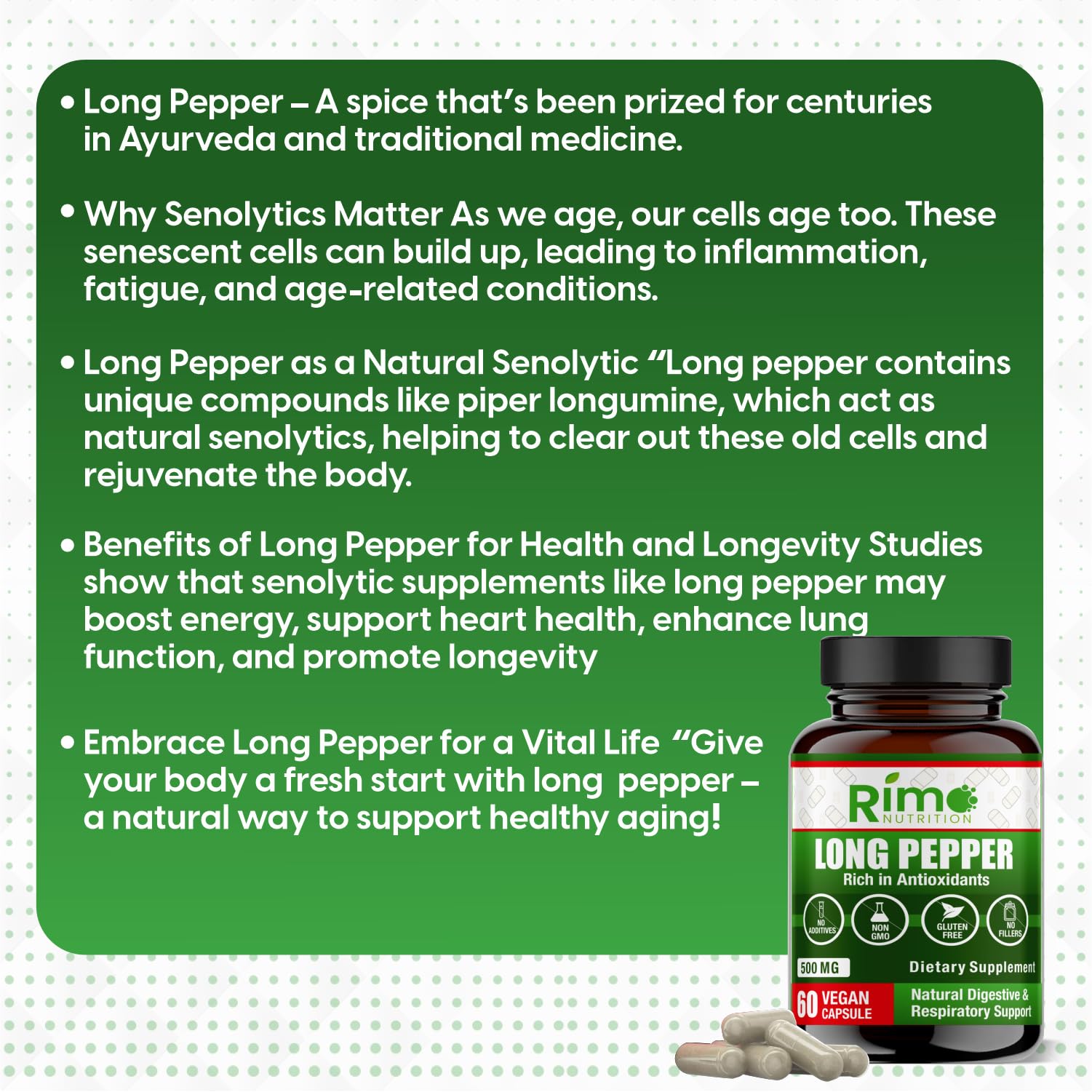 Rimo Nutrition Long Pepper capsules on a wooden table
