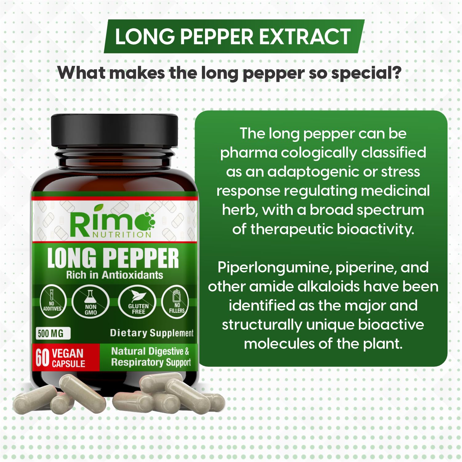 Rimo Nutrition Long Pepper product packaging and capsules