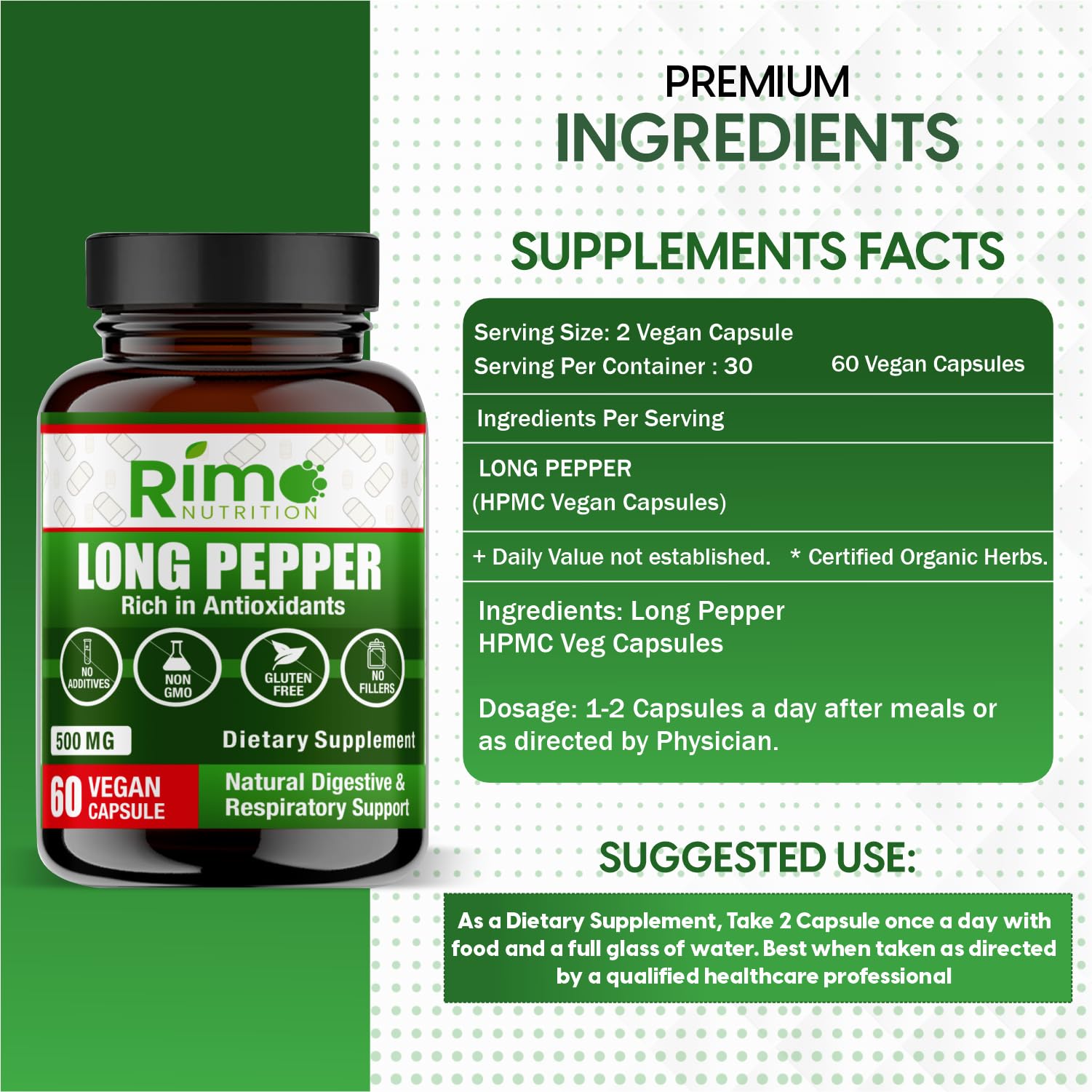 Rimo Nutrition Long Pepper supplement bottle with label