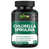 Rimo Nutrition Spirulina and Chlorella Capsules front view with packaging