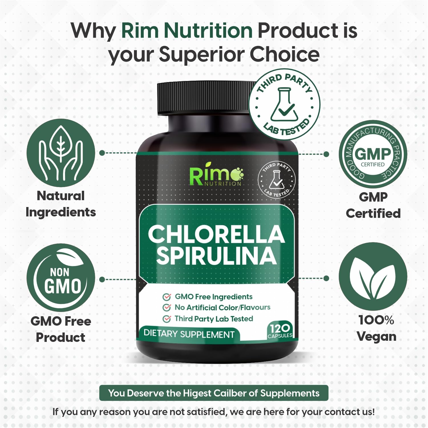 Rimo Nutrition Spirulina and Chlorella Capsules side view showing capsule size