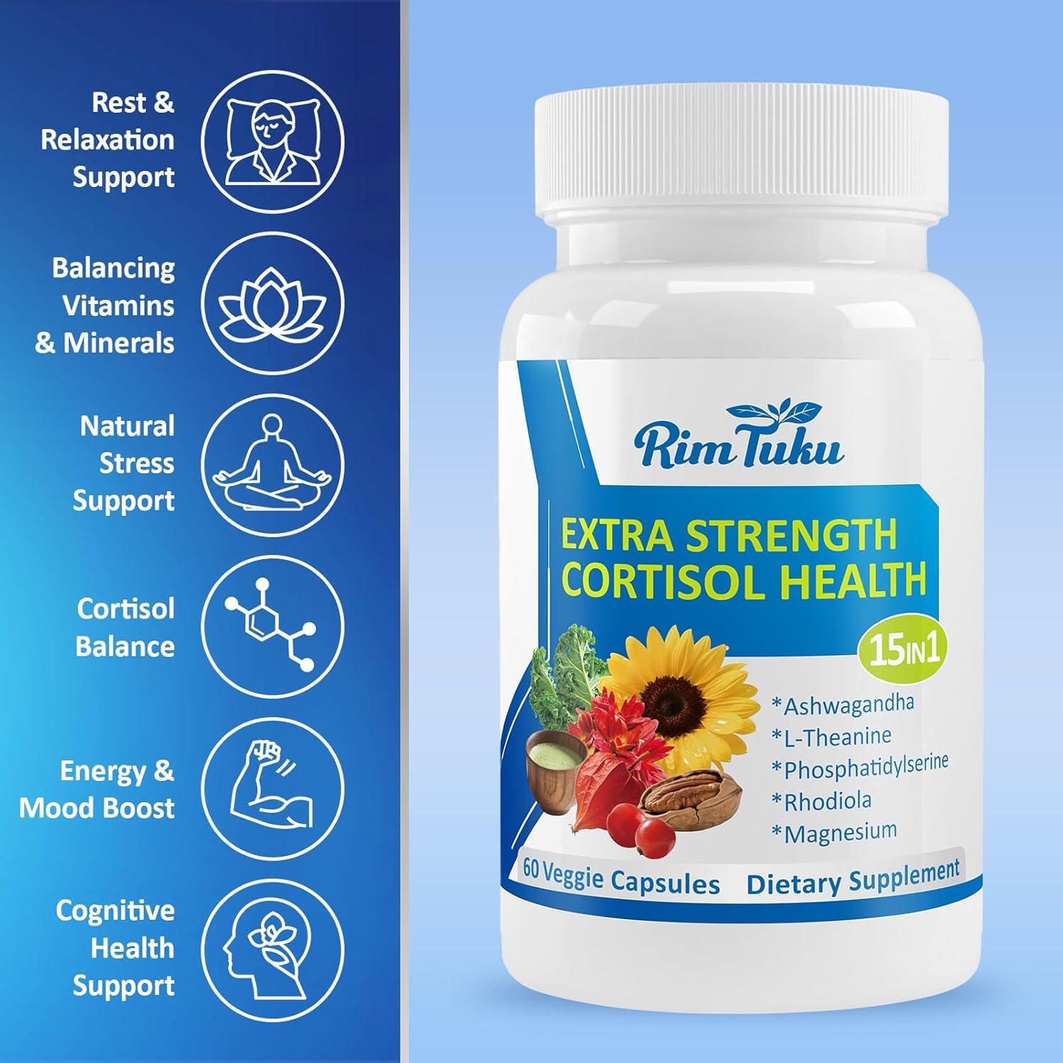 RimTuku Cortisol Supplements capsule bottle side view