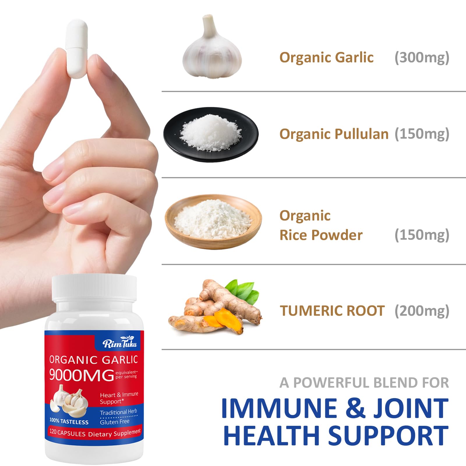 RimTuku Garlic Supplement 9000mg displayed with a glass of water