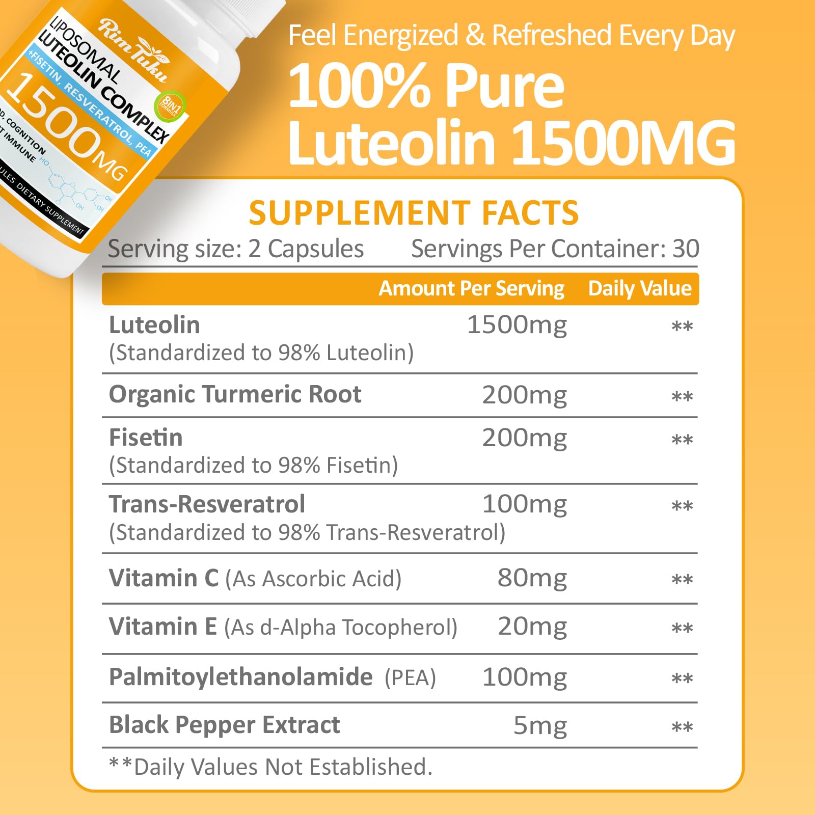 RimTuku Liposomal Luteolin Supplement 1500MG side view showing capsule
