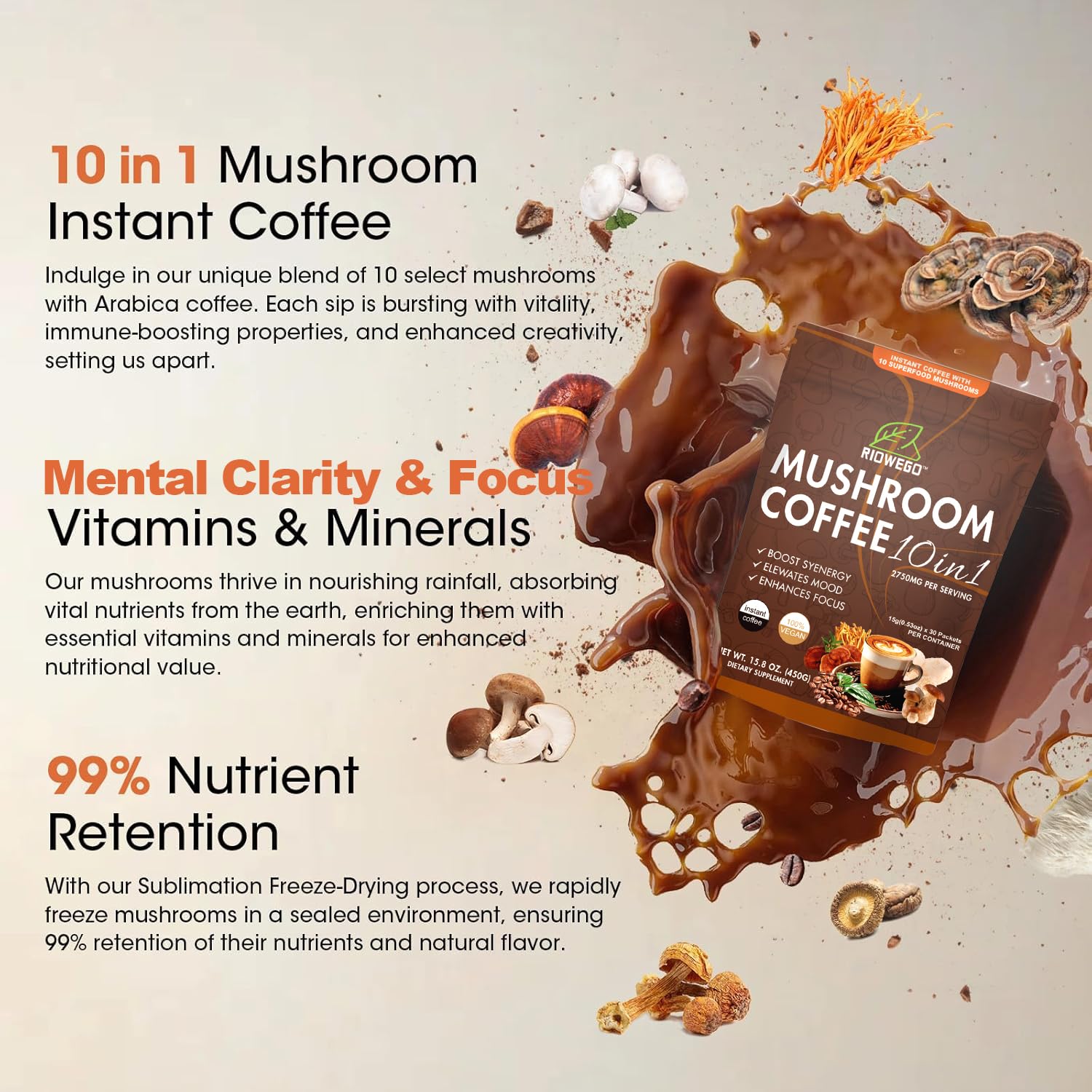 RIOWEGO Mushroom Coffee Powder close-up of ingredients