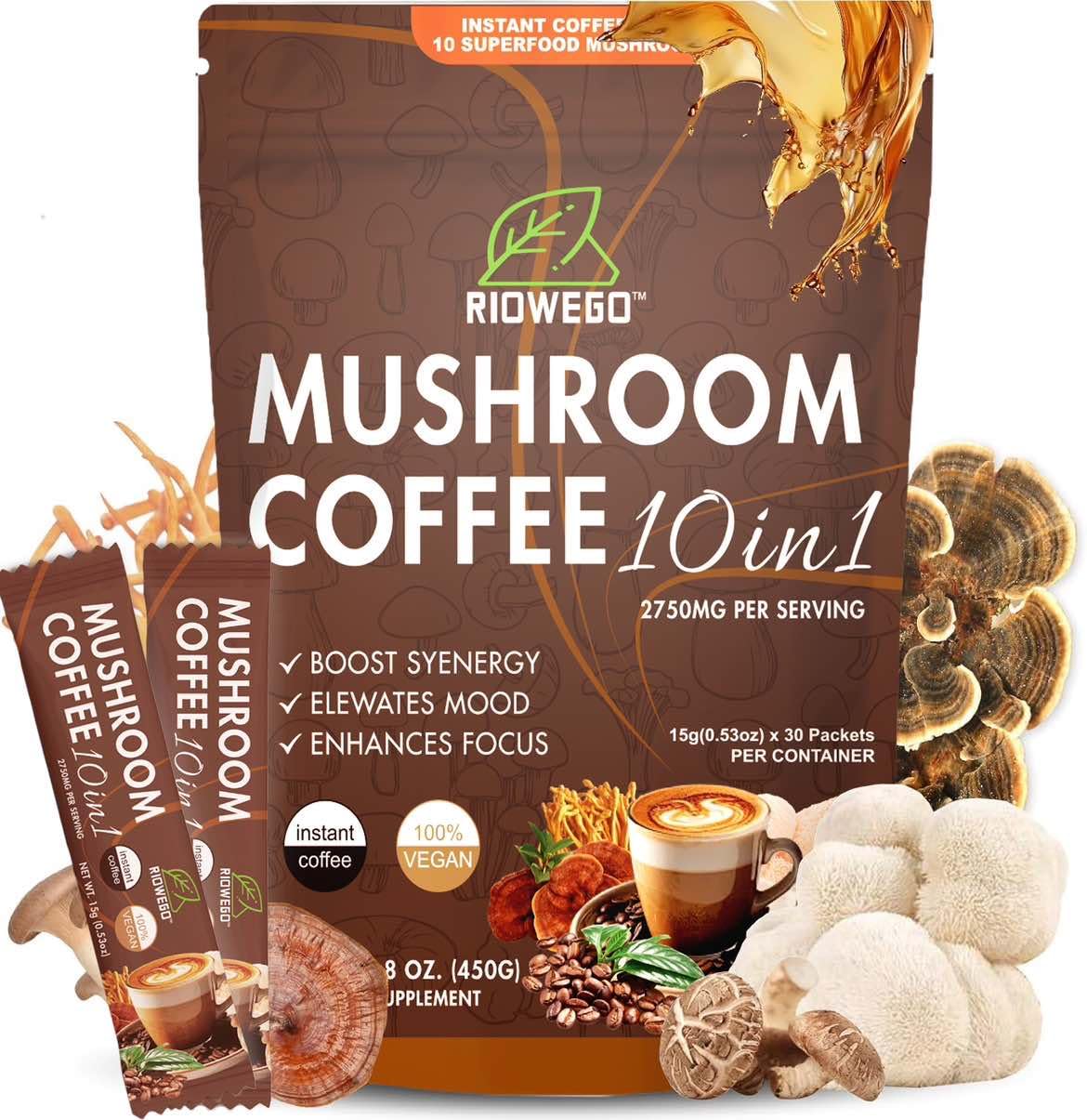 RIOWEGO Mushroom Coffee Powder front view packaging