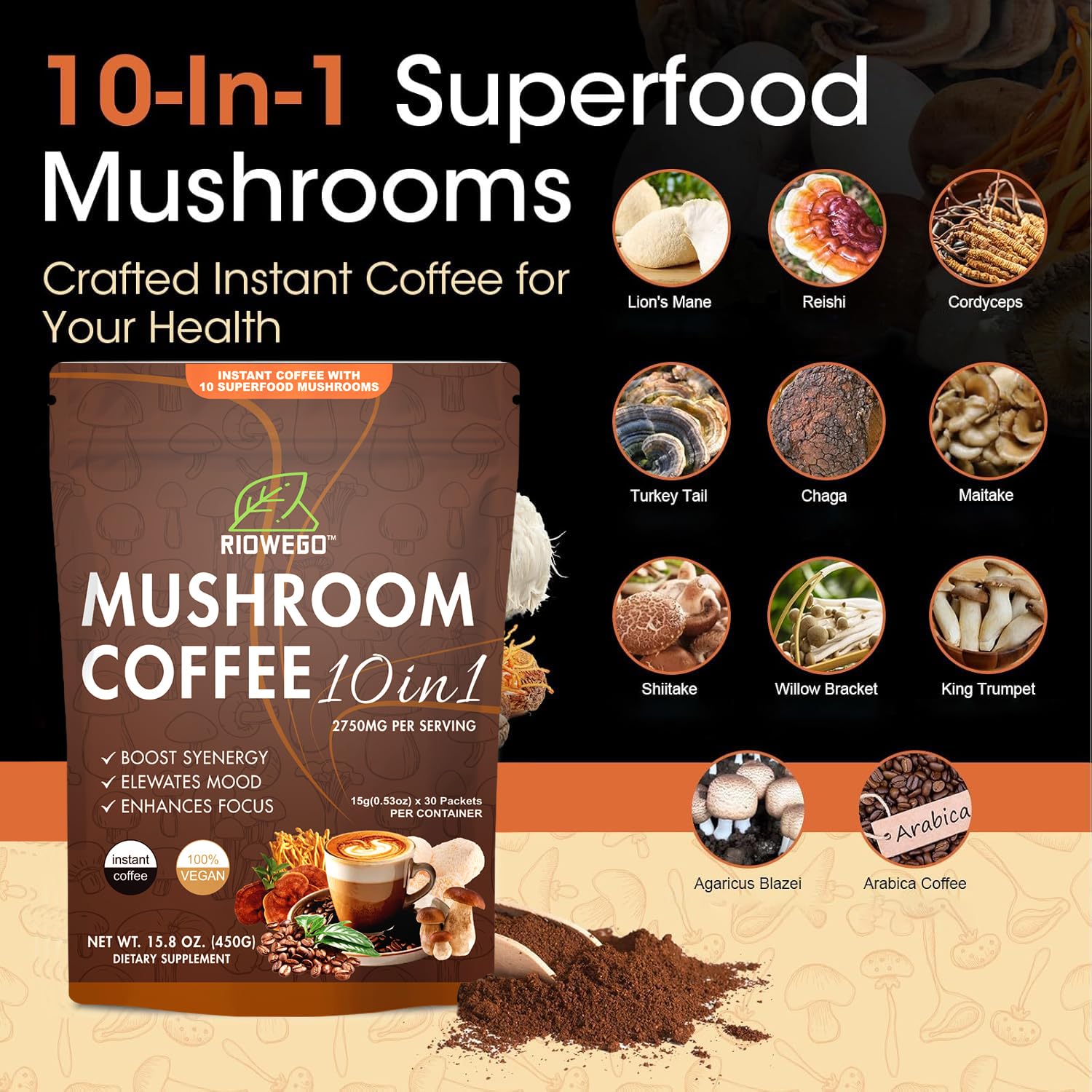 RIOWEGO Mushroom Coffee Powder preparation in a cup