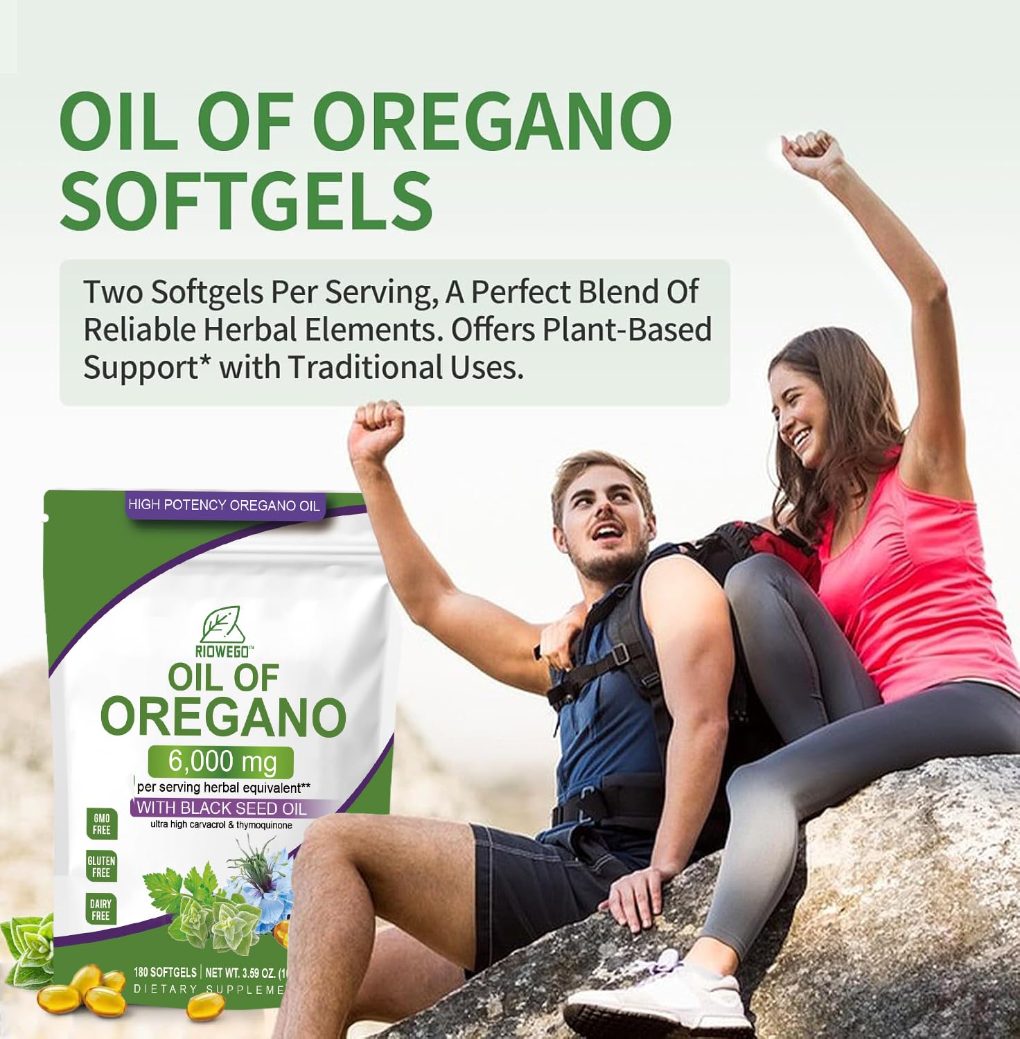 RIOWEGO Oil of Oregano Softgels displayed with a measuring spoon