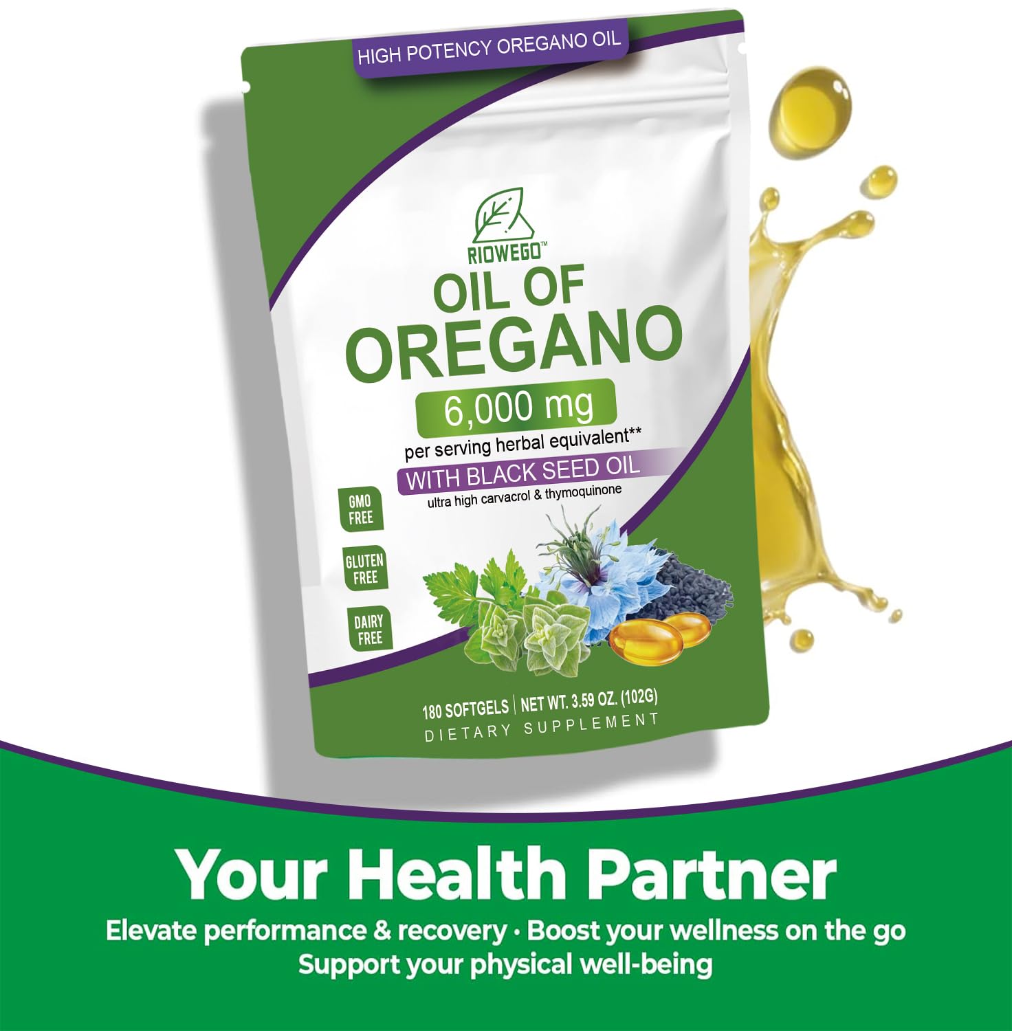RIOWEGO Oil of Oregano Softgels opened bag showing softgels