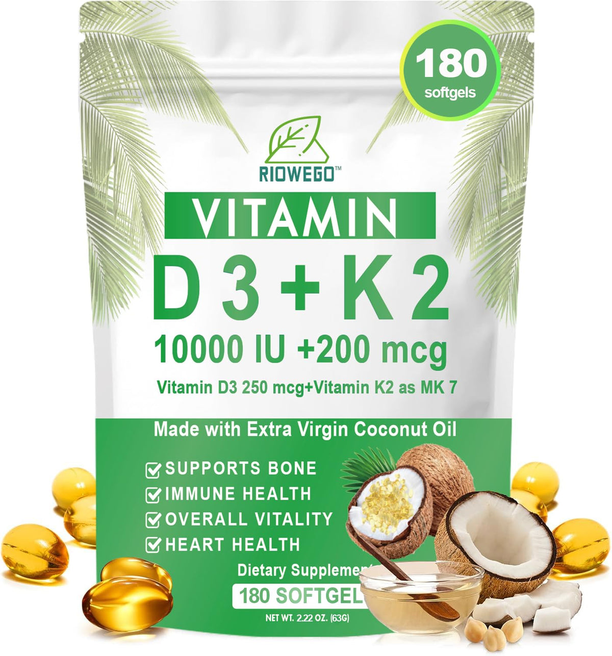 RIOWEGO Vitamin D3 K2 Softgels 180 count front view