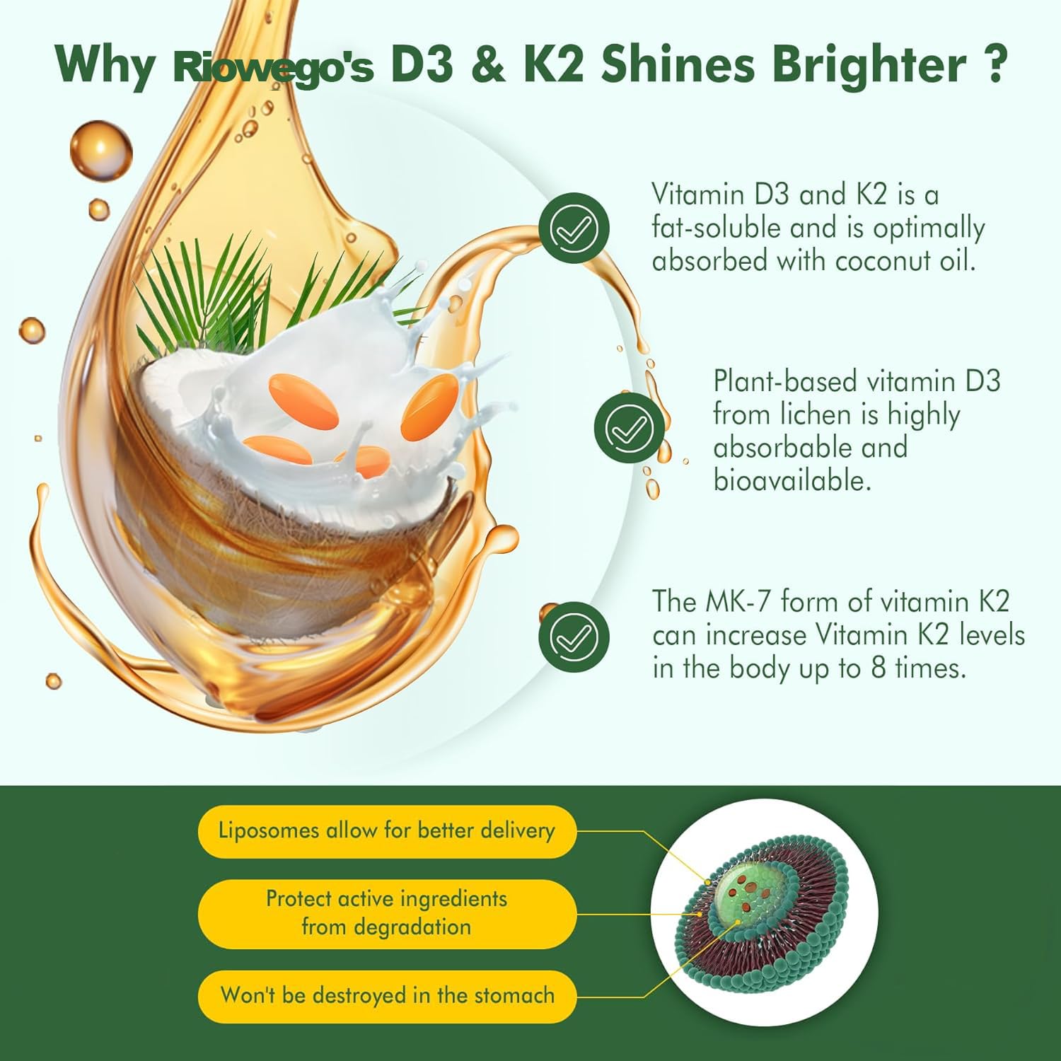 RIOWEGO Vitamin D3 K2 Softgels on a wooden table