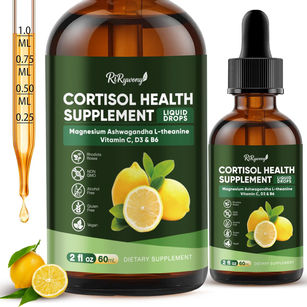 RiRywony Cortisol Supplements 2 Fl Oz front view with dropper